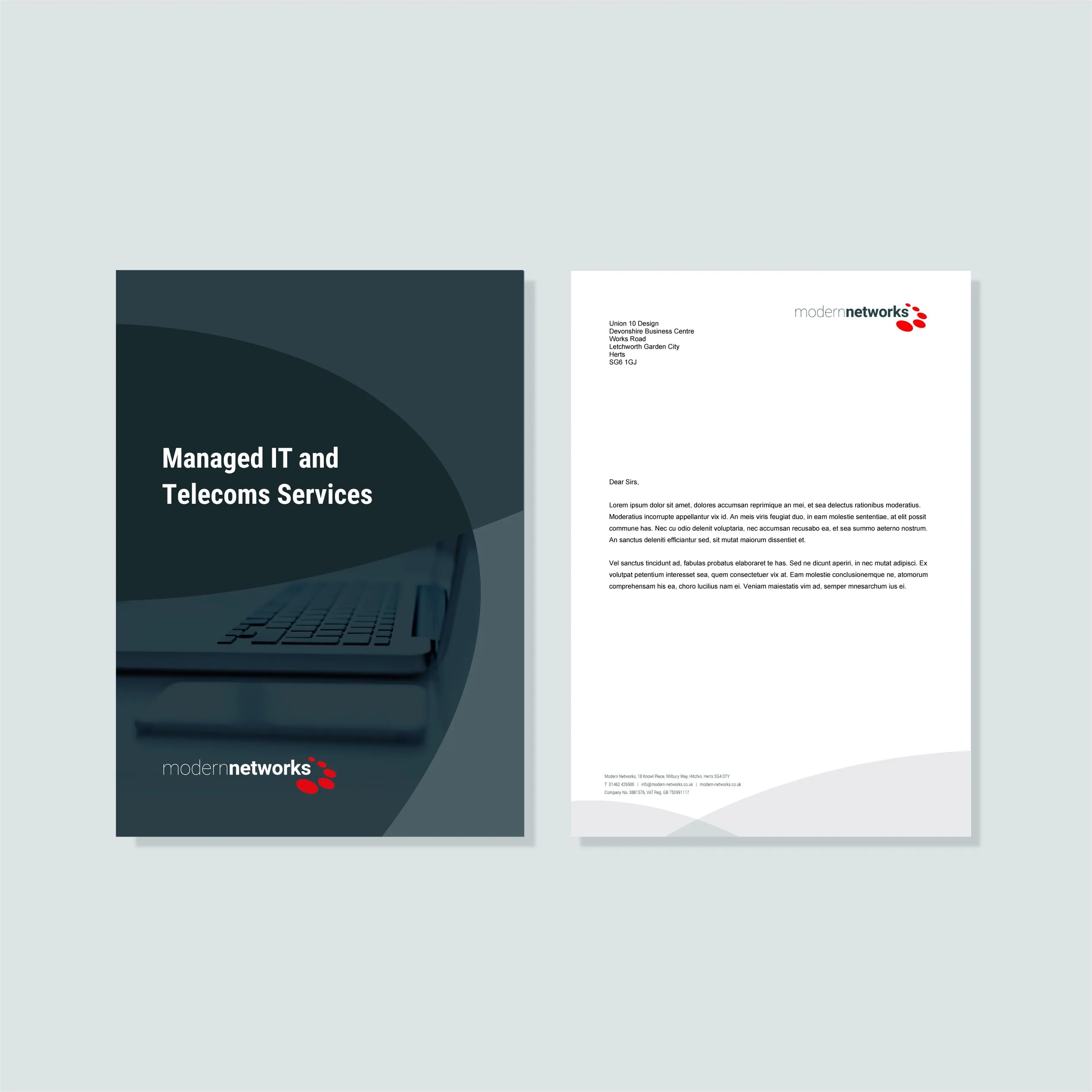 Modern Networks brochure and letterhead stationery mockups on a light background