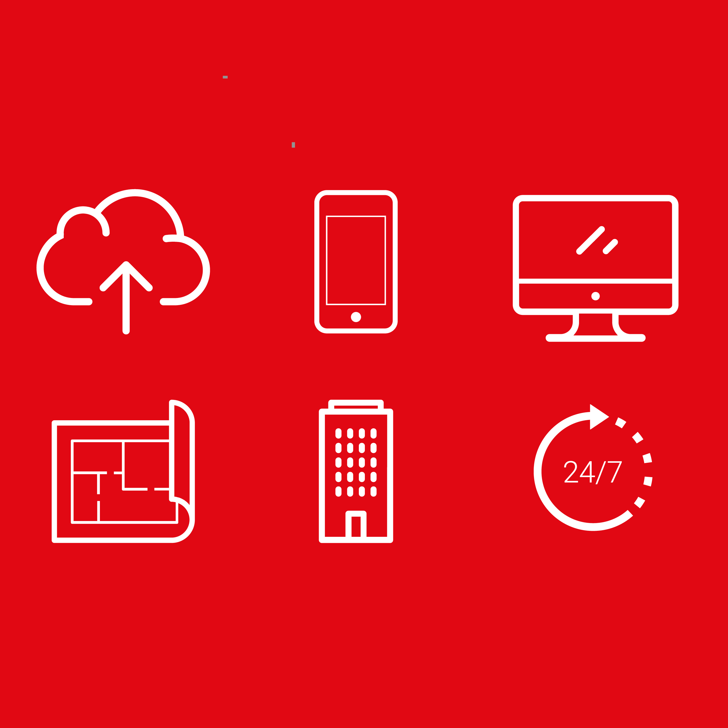 White line service icons on a red background, including cloud, phone, desktop and 24/7
