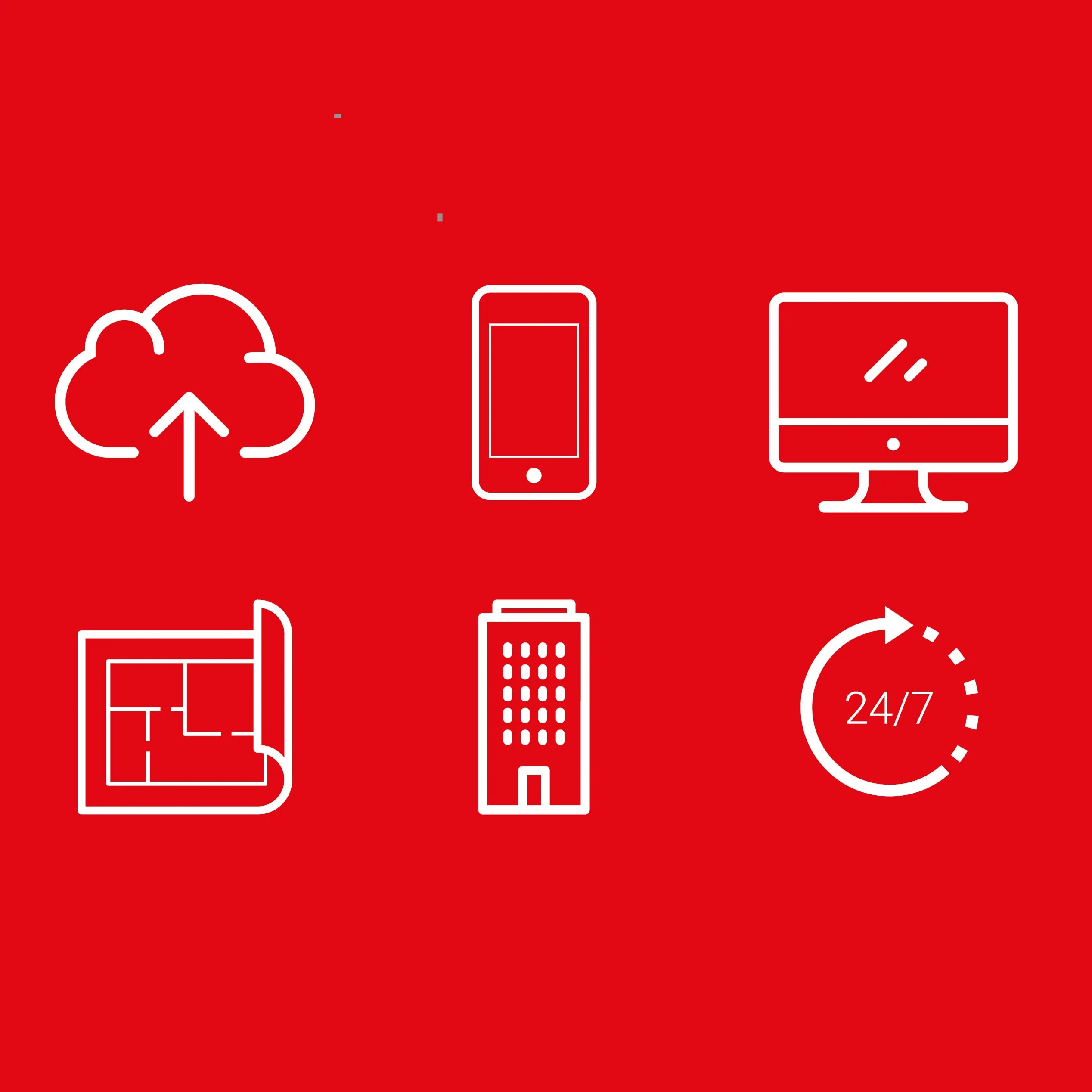 White line service icons on a red background, including cloud, phone, desktop and 24/7