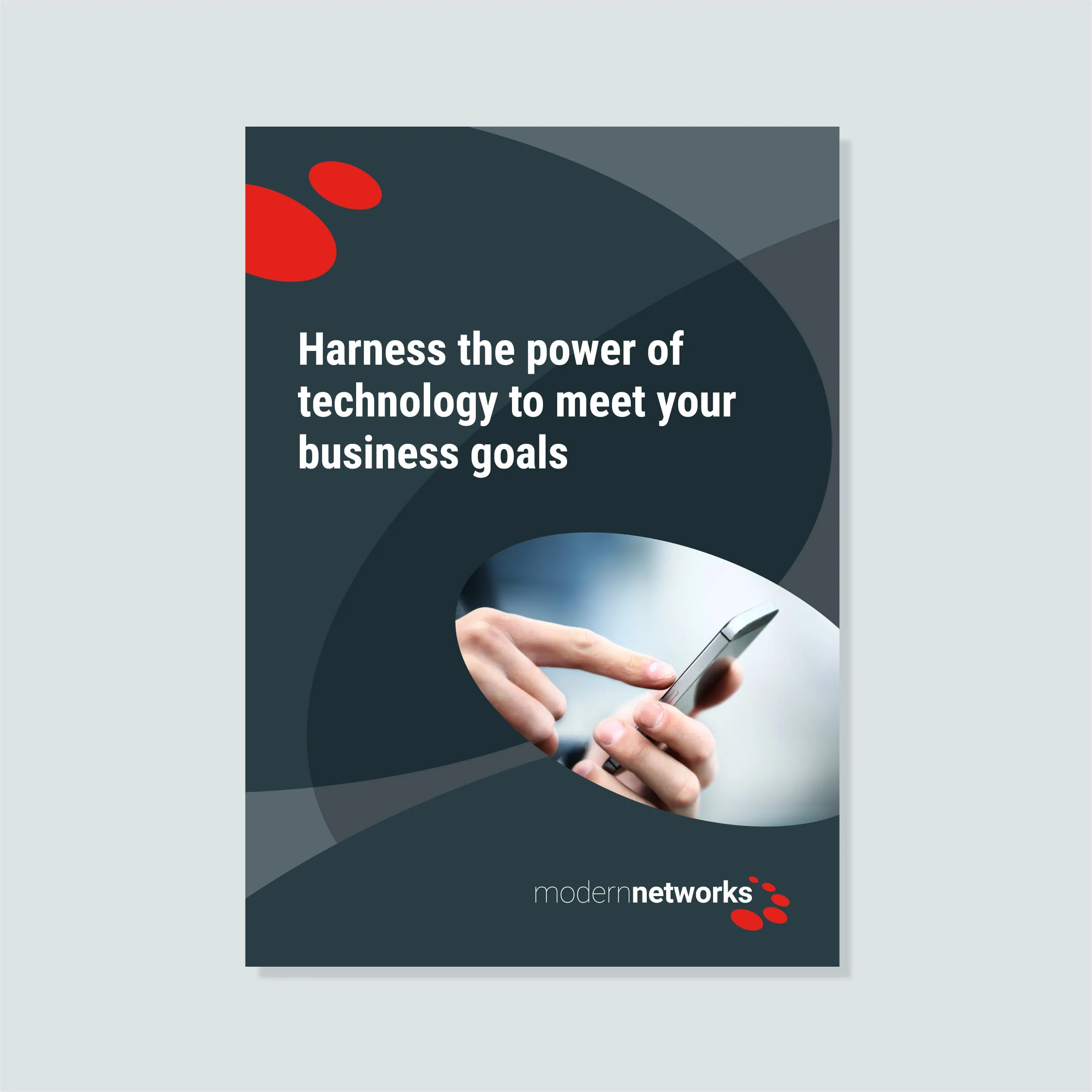 Modern Networks brochure cover featuring a hand using a smartphone with a technology headline