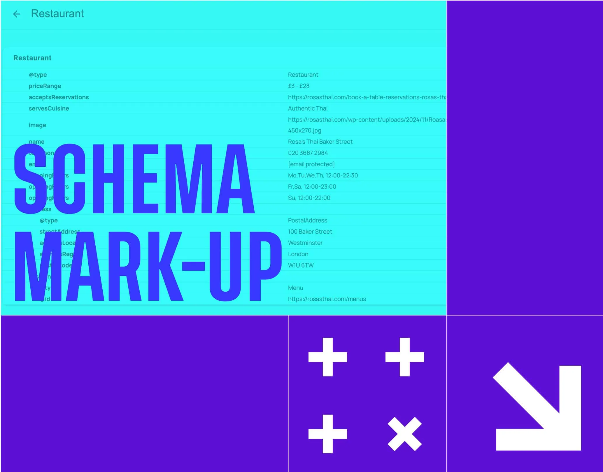 Colour-block montage with 'Schema Mark-up' in large text and an example of Schema mark-up in the background