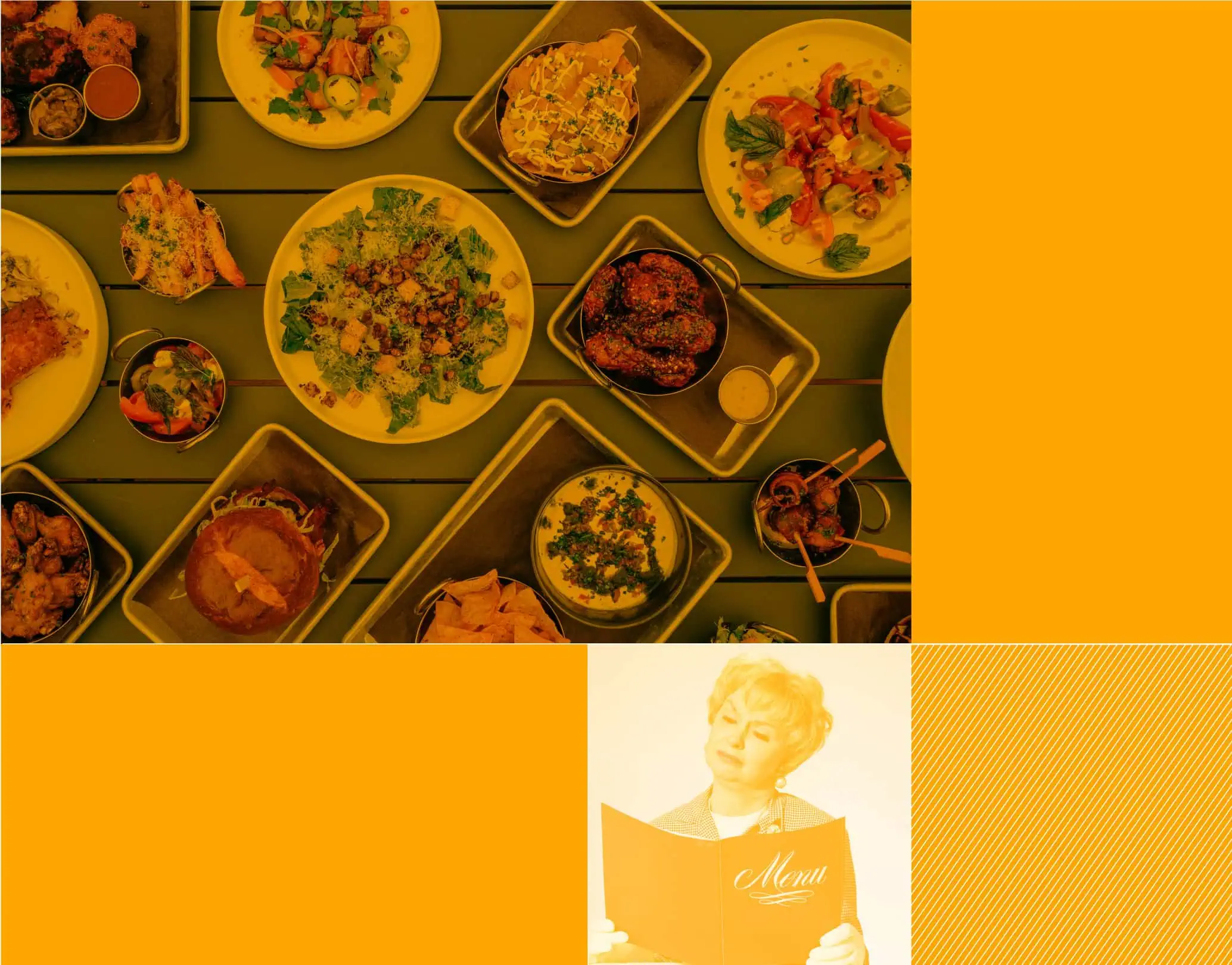 colour-block montage with an over-head shot of plates of food and a retro-style image of a woman reading a menu
