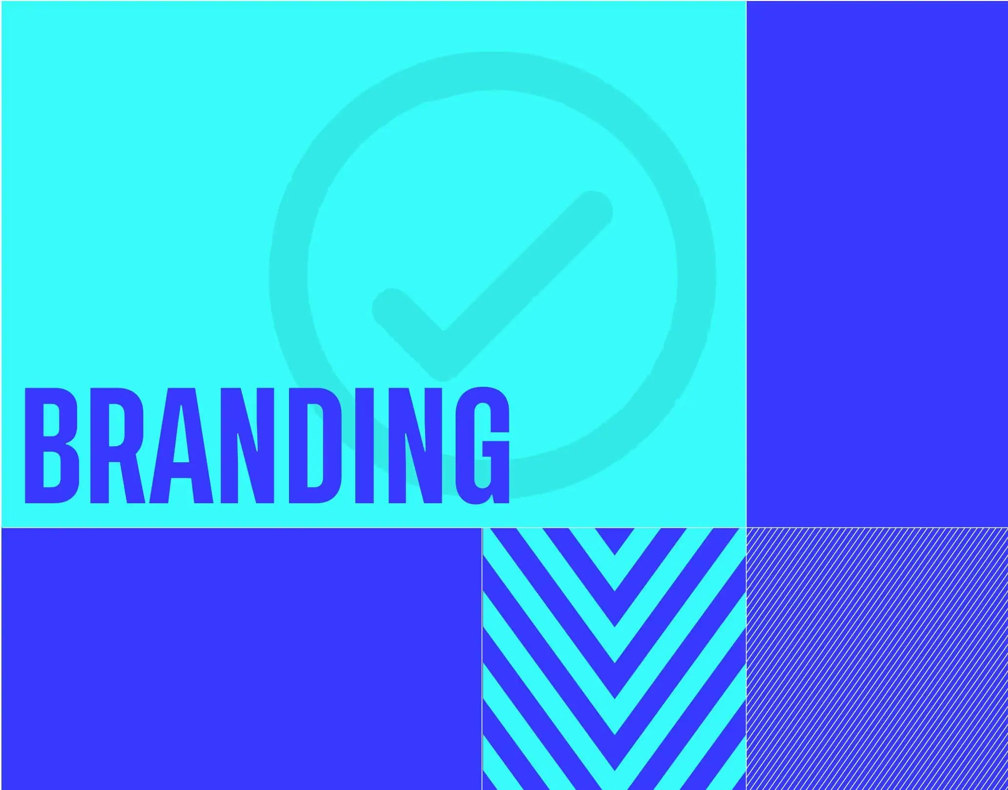 Colour-block montage with 'Branding' in large text and a tick icon in the background