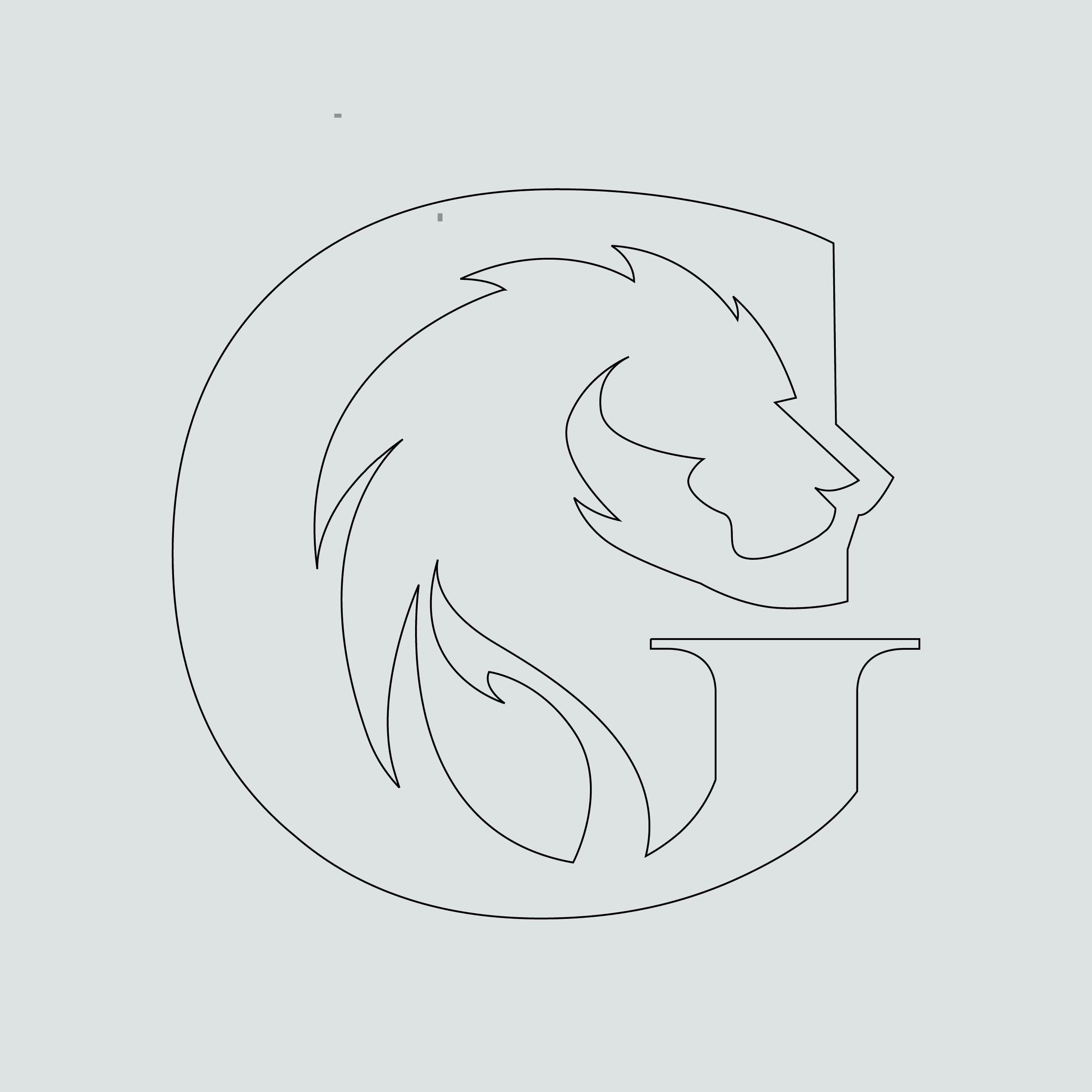 Outline sketch of a lion head inside a “G” emblem on a pale grey background