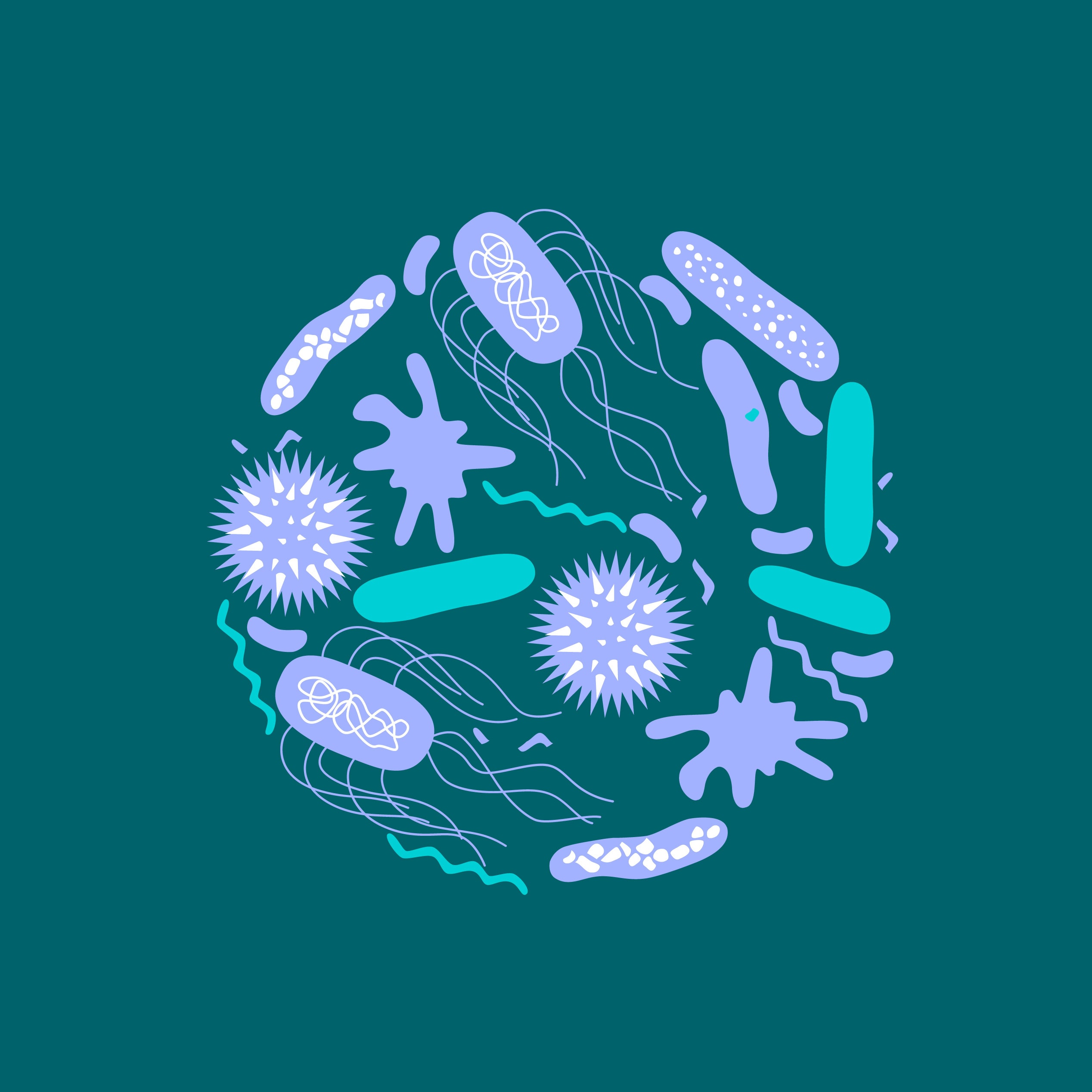 Abstract illustration of gut bacteria and microbes on a dark teal background.