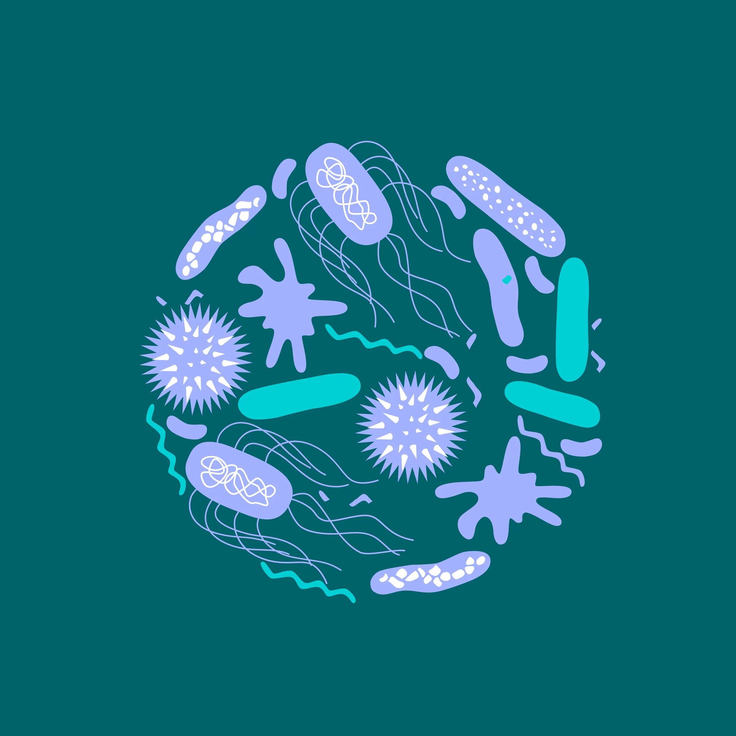 Abstract illustration of gut bacteria and microbes on a dark teal background.