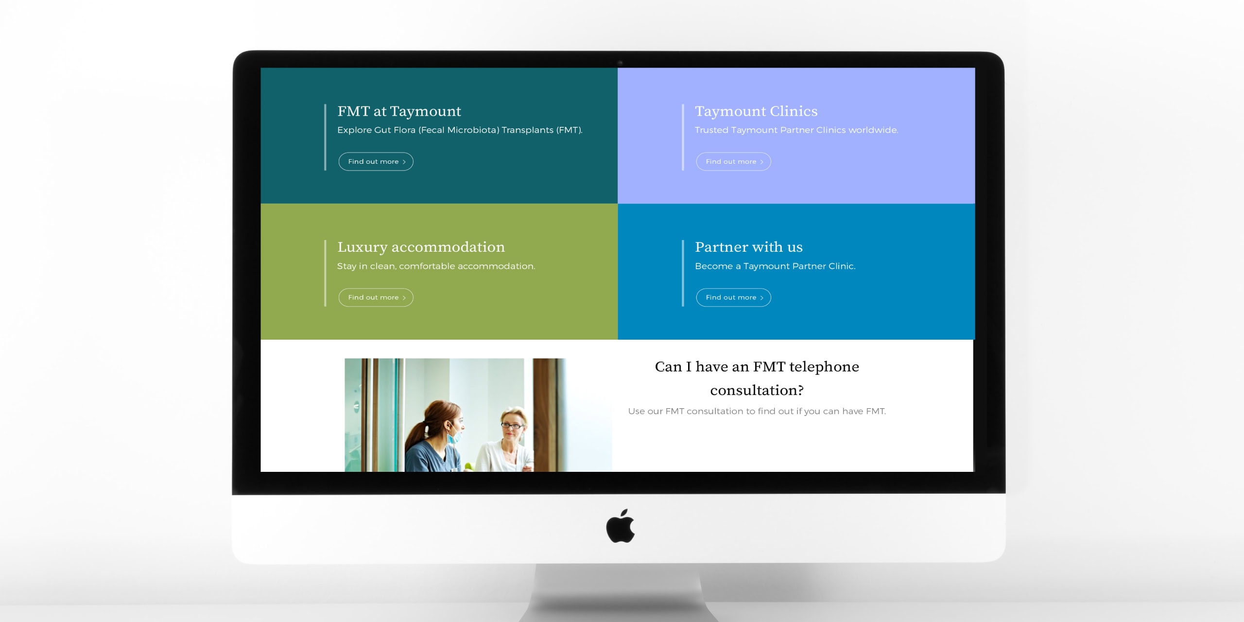 Taymount Clinic website section on an iMac showing four coloured content panels and a consultation prompt.