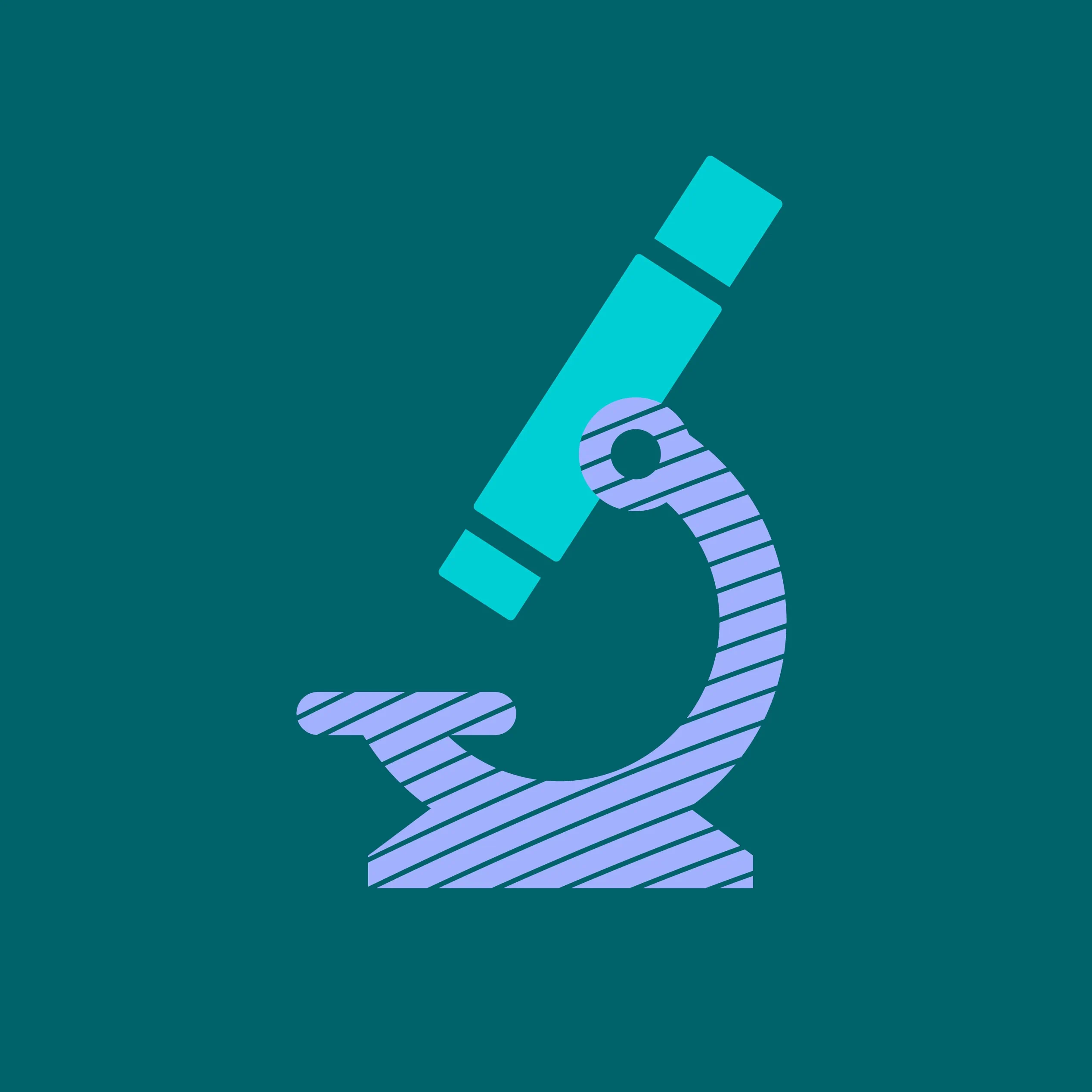 Stylised microscope icon in teal and purple on a dark teal background.