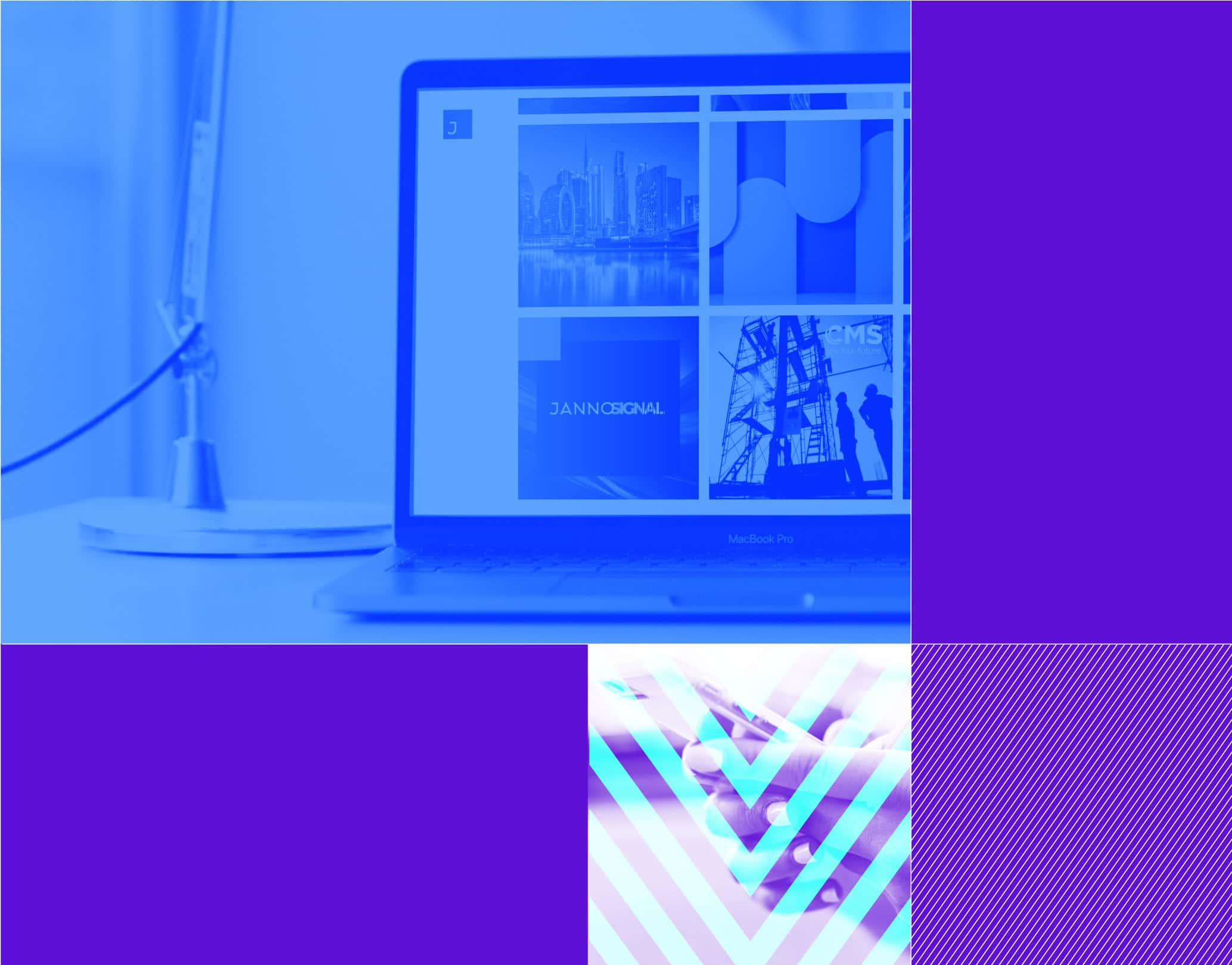 Colour montage of a website on a laptop computer and an image of a woman's hands holding a phone behind chevron lines