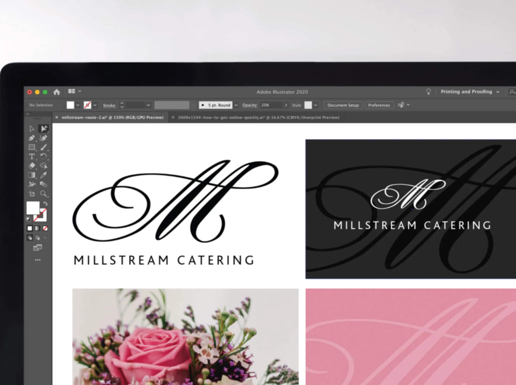 Millstream catering logo and business card designs depicted on a computer screen. A large script 'M' forms the main logo.