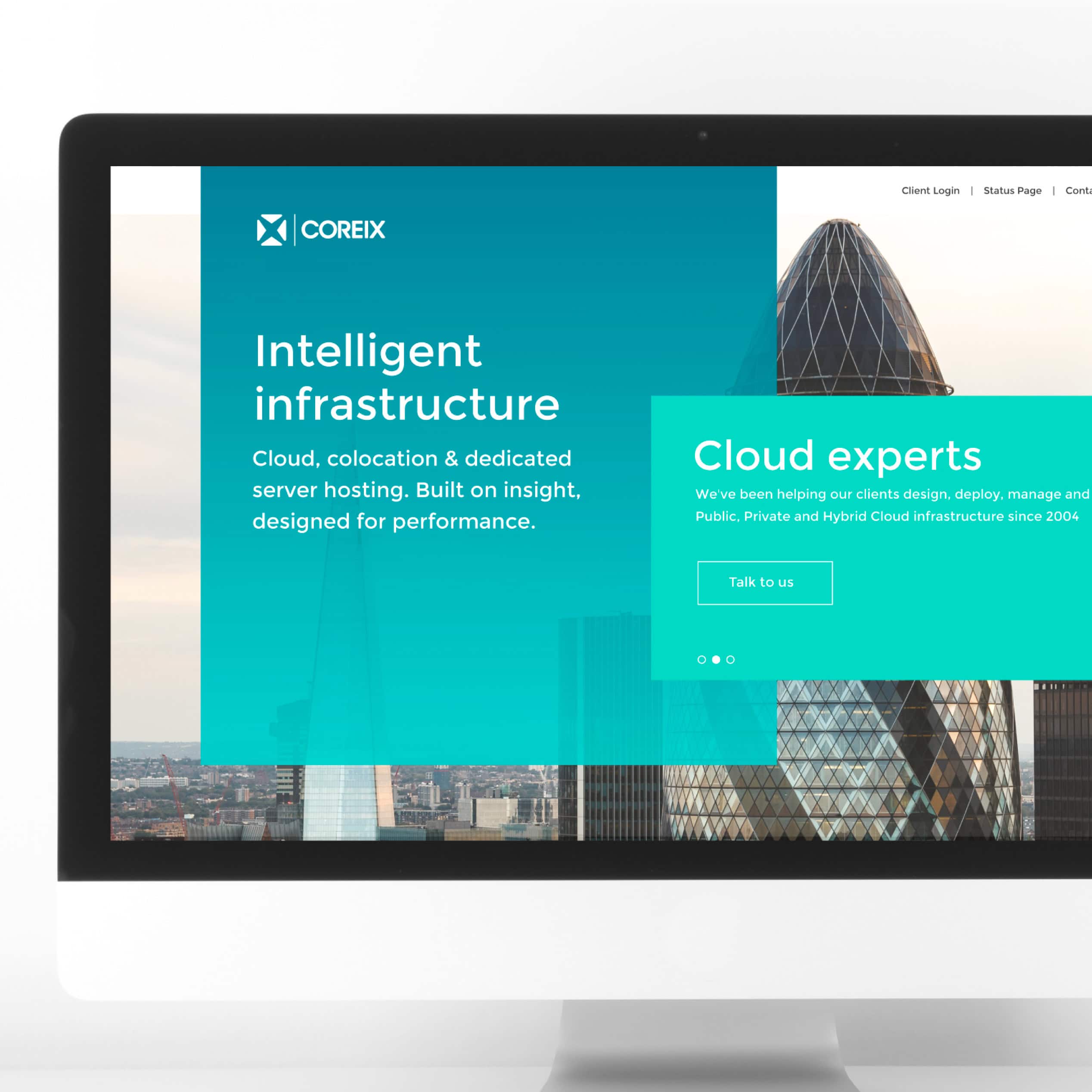 Coreix website homepage displayed on an iMac, featuring “Intelligent infrastructure” panels.