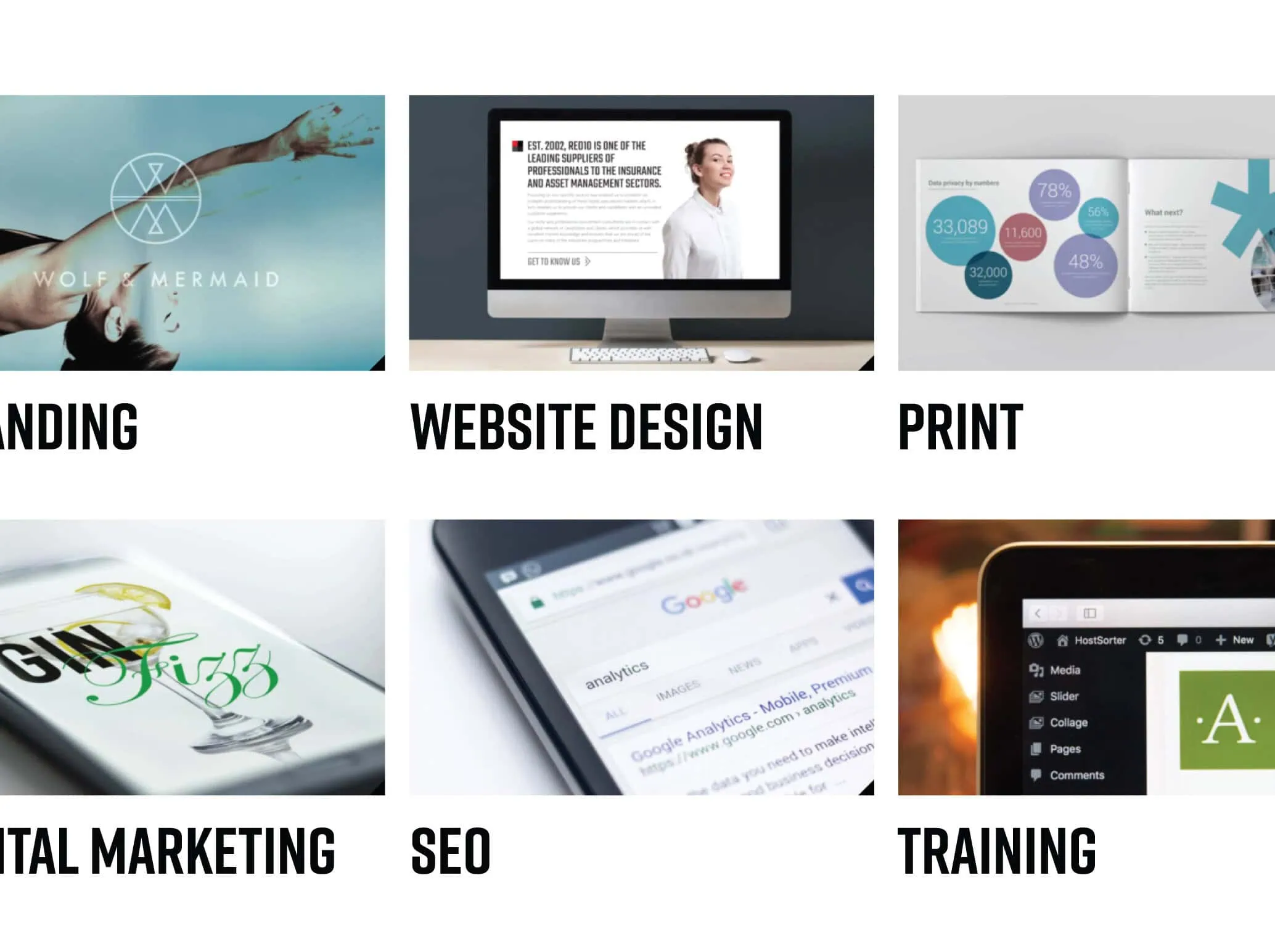 6 images depicting branding, website design, print, digital marketing, SEO and Training.