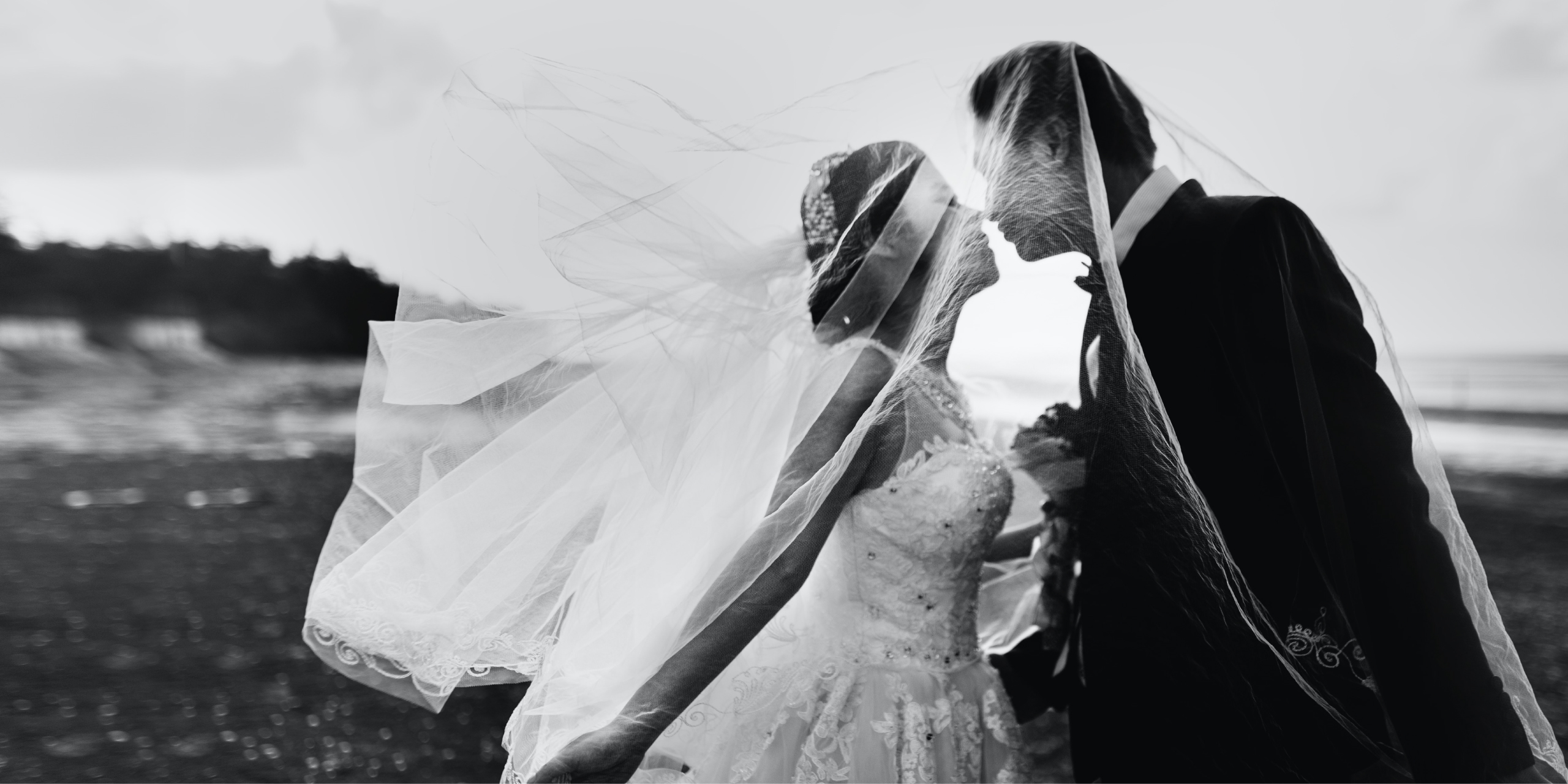Bride and groom kissing beneath a flowing veil on a beach