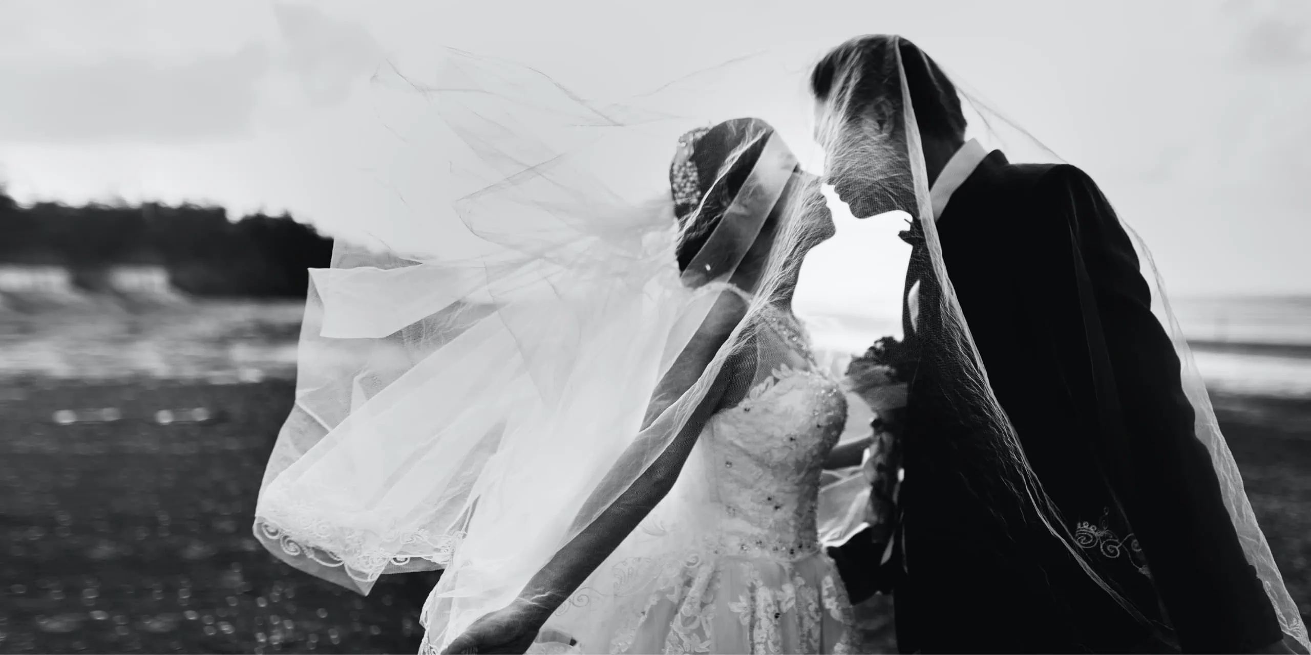 Bride and groom kissing beneath a flowing veil on a beach