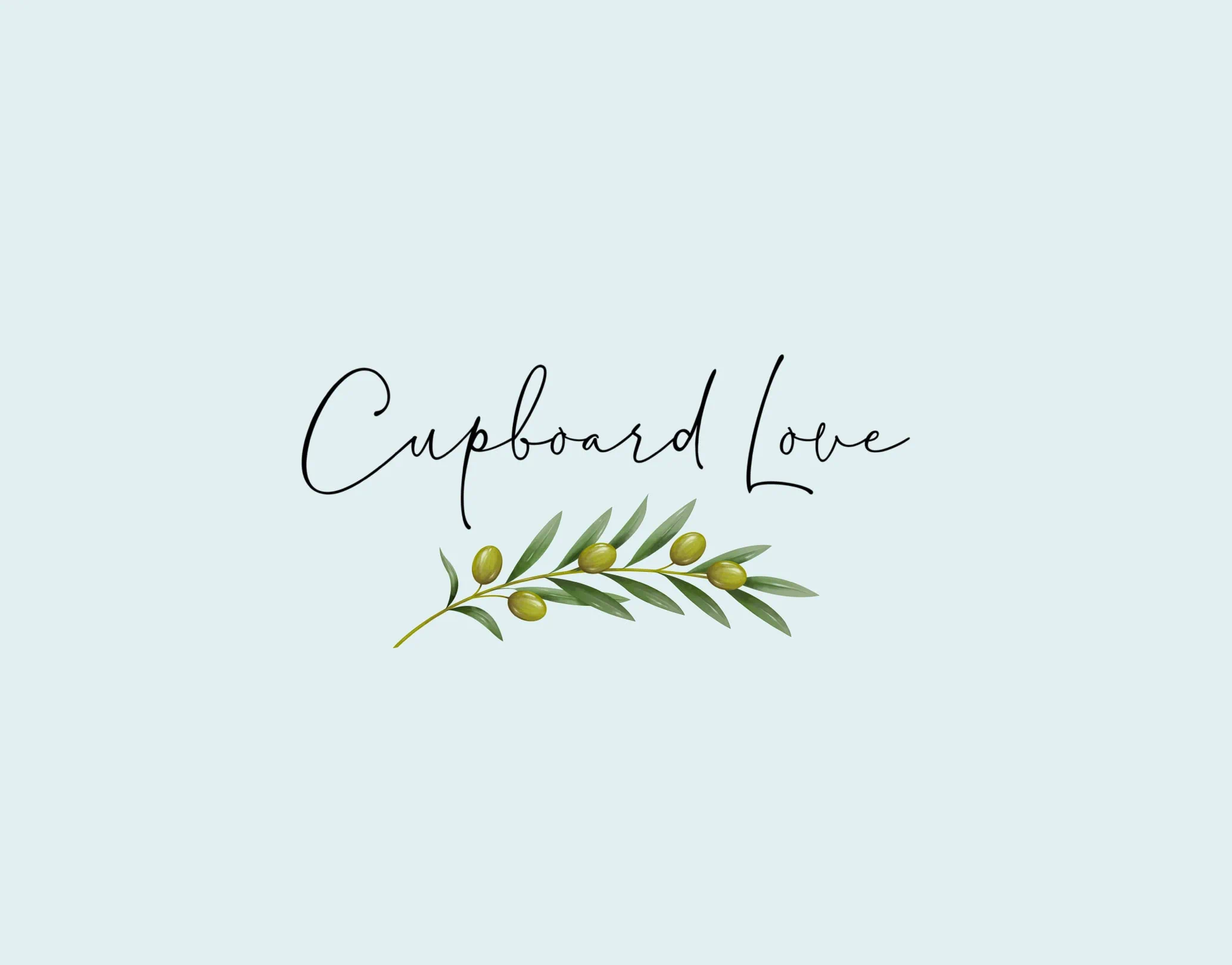 Cupboard Love logo in handwritten script over a blue watercolour wash with an olive branch illustration