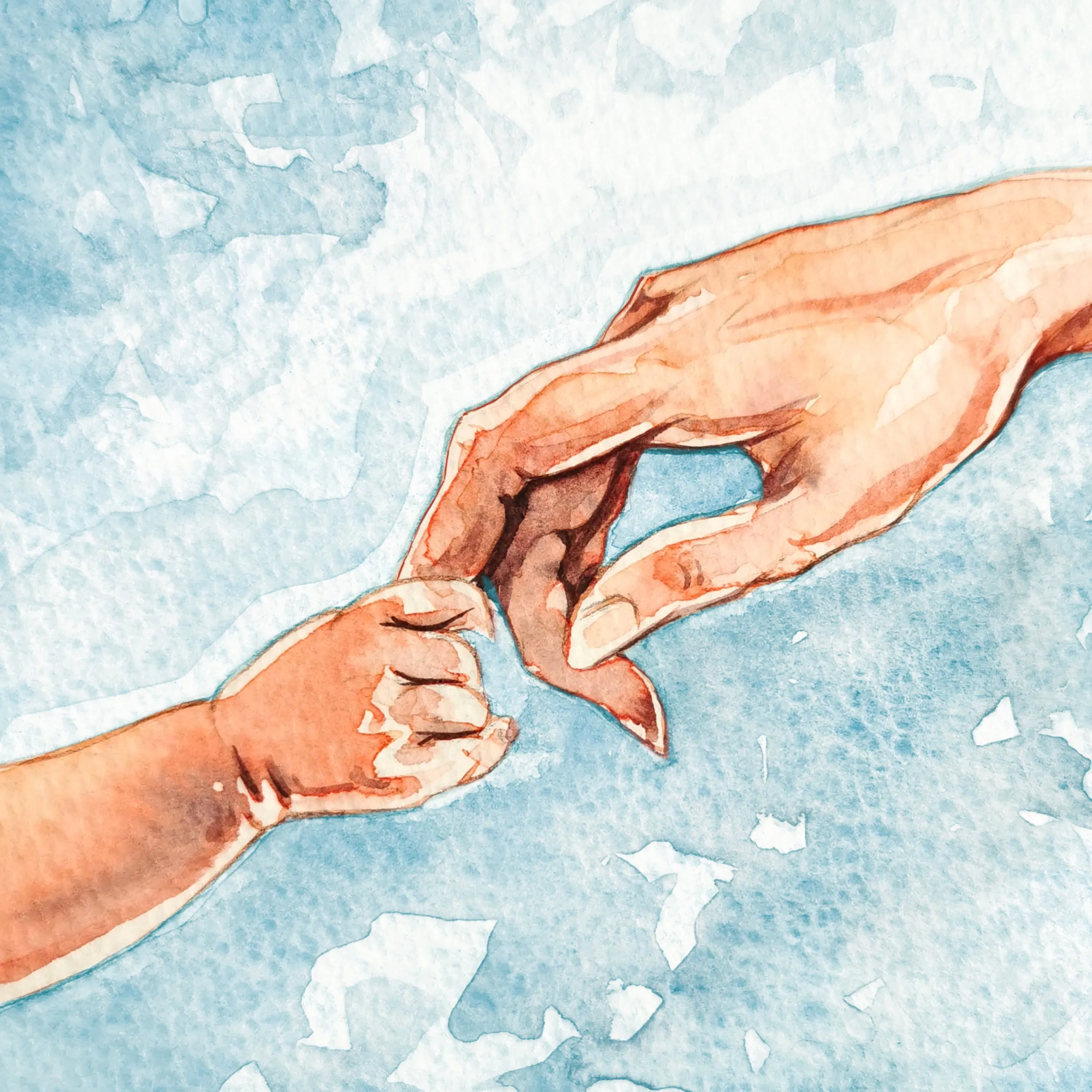 Watercolour illustration of an adult hand holding a baby’s hand against a blue wash background