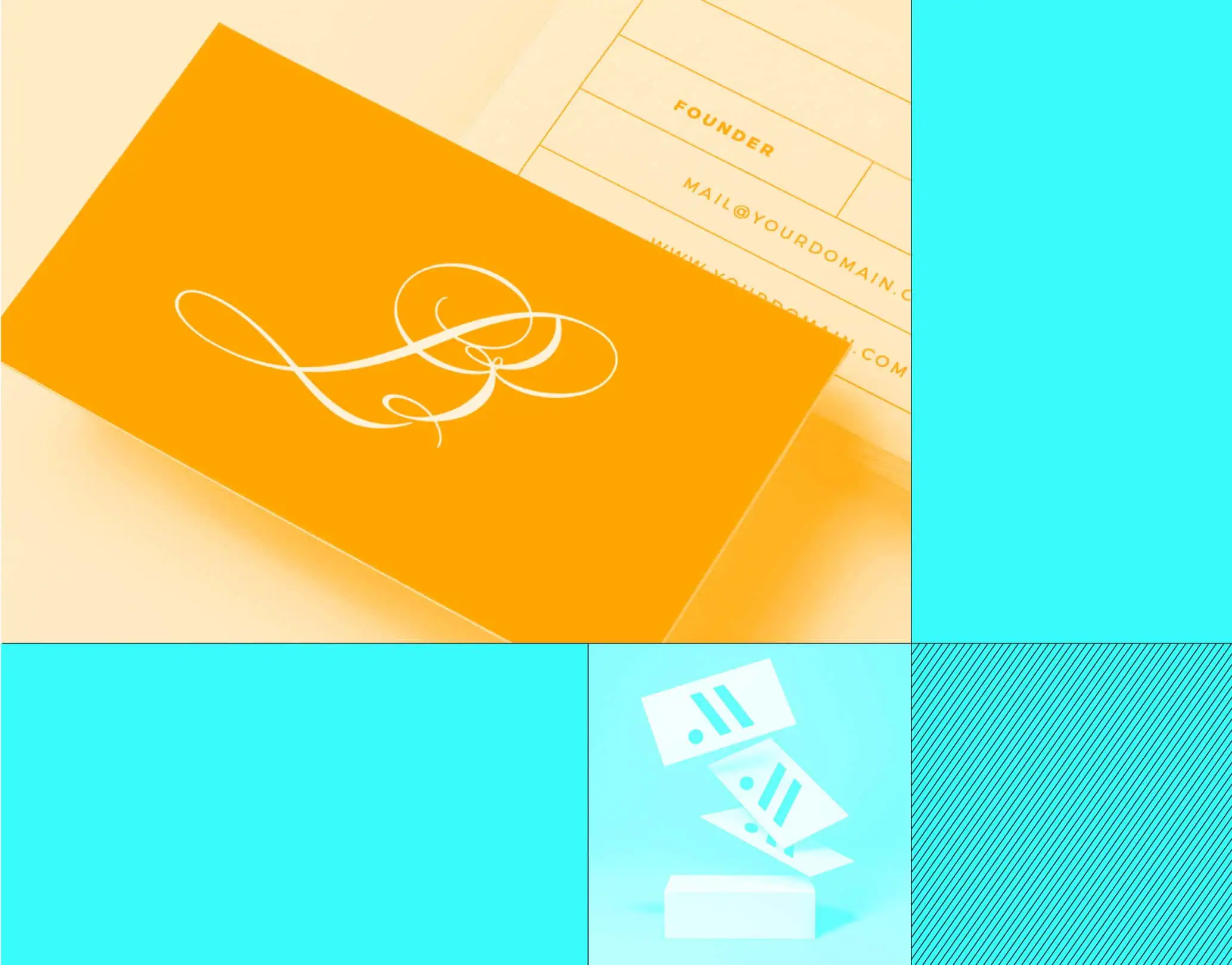 Colour-block montage of a close up of a branded business card and another shot of a cascading set of business cards with a 'M' logo on them