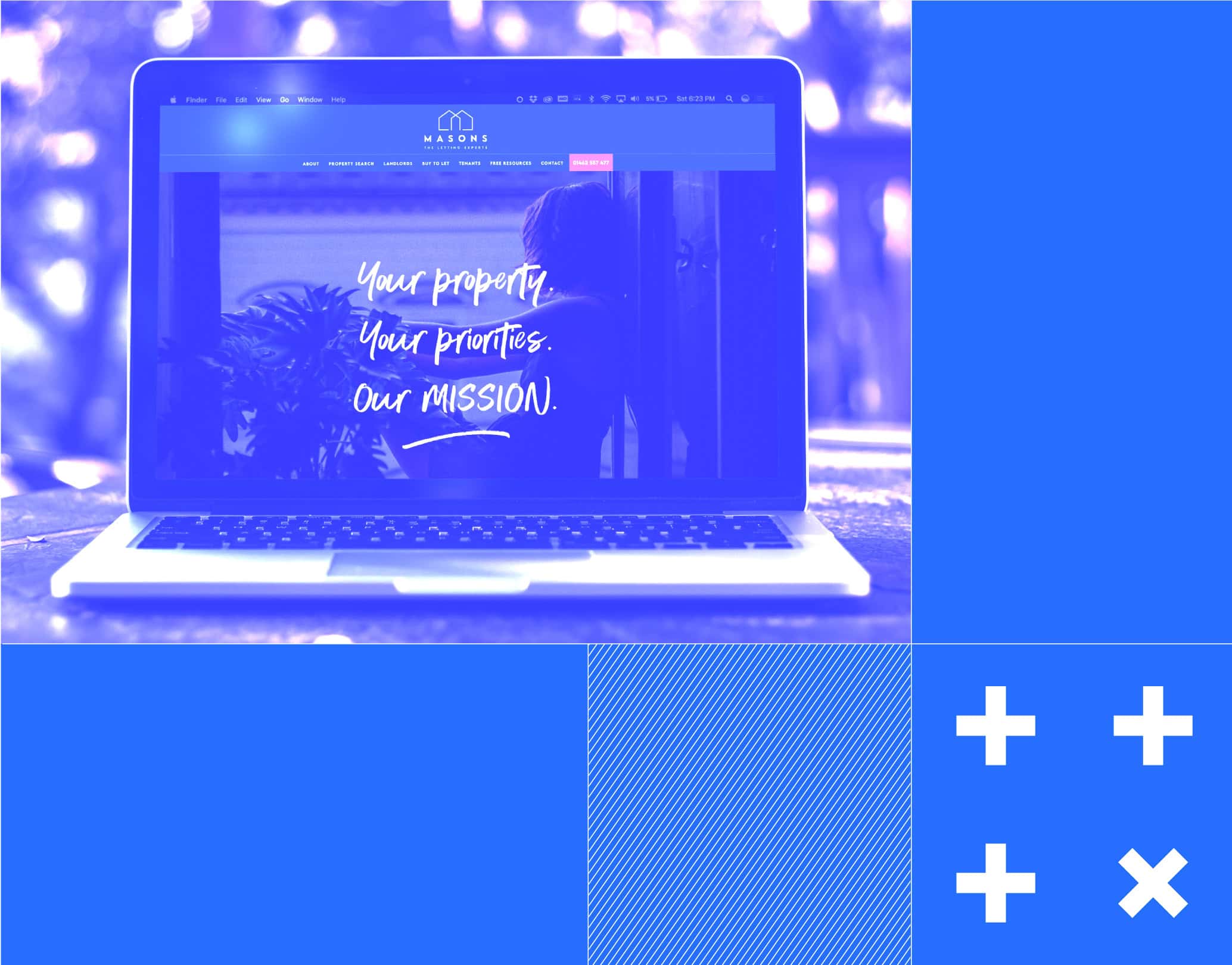 Colour-block montage of a laptop computer showing Mason's Property website homepage
