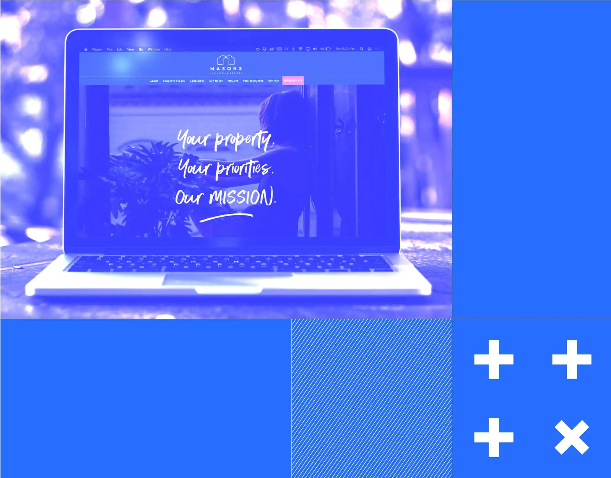 Colour-block montage of a laptop computer showing Mason's Property website homepage