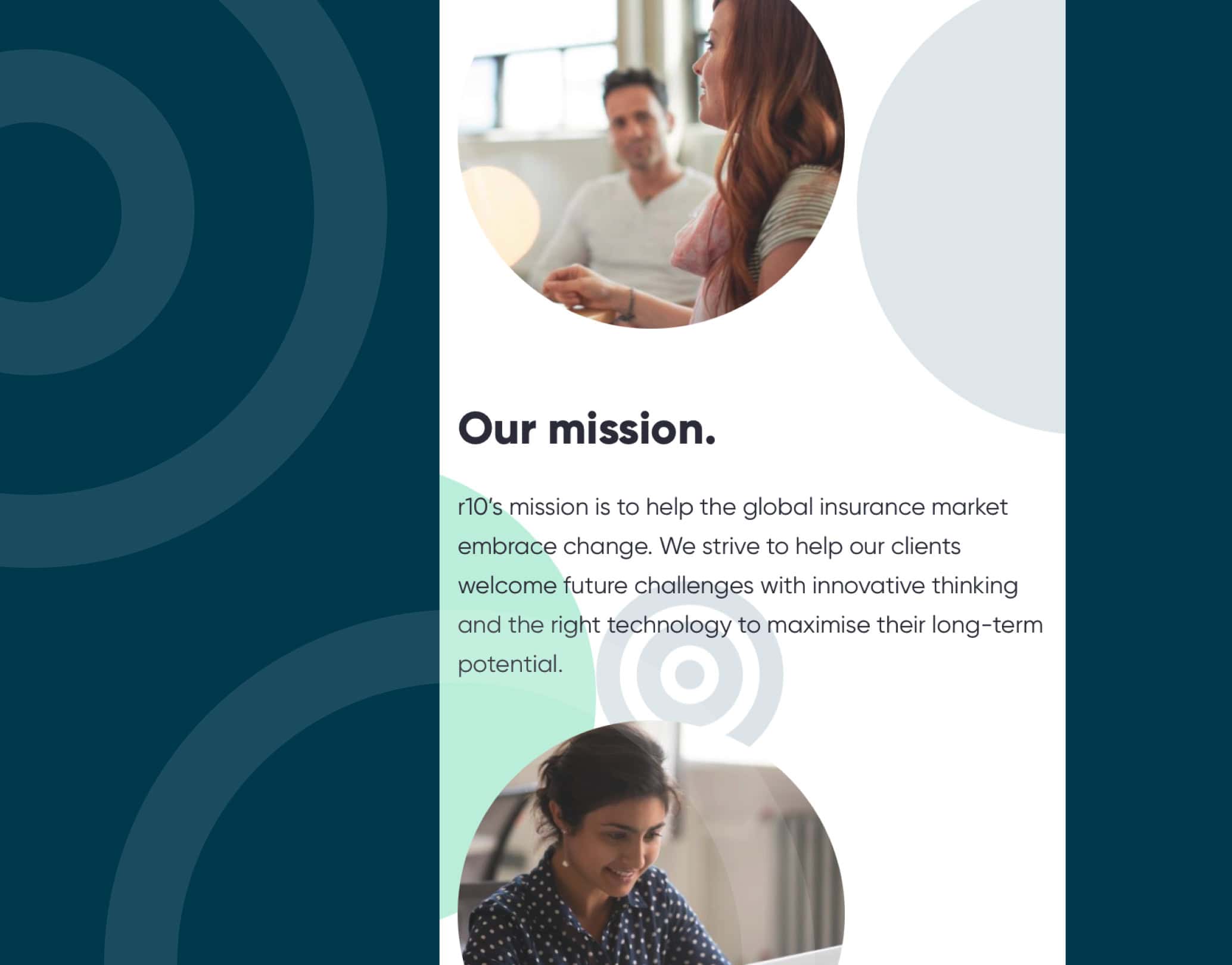 Mobile layout showing r10’s “Our mission” section with circular photography and the mission statement text