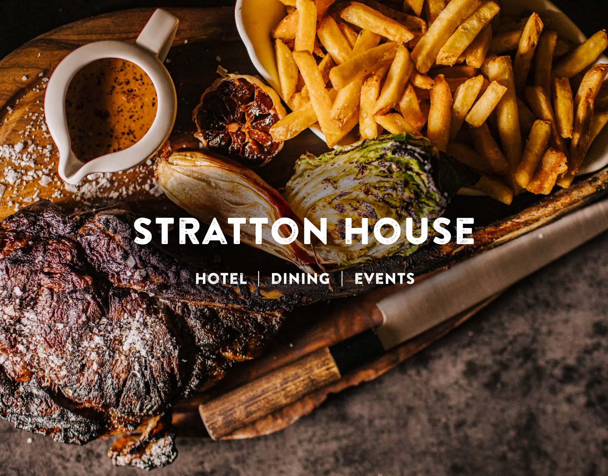 Stratton House branding over food photography featuring steak, chips and gravy