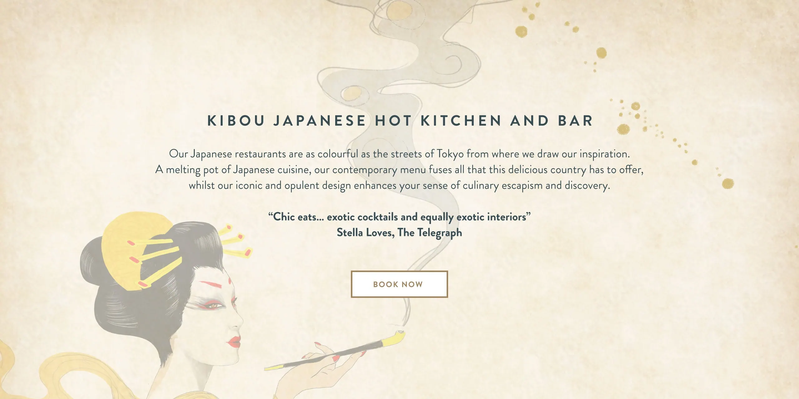KIBOU homepage section with Book Now call to action
