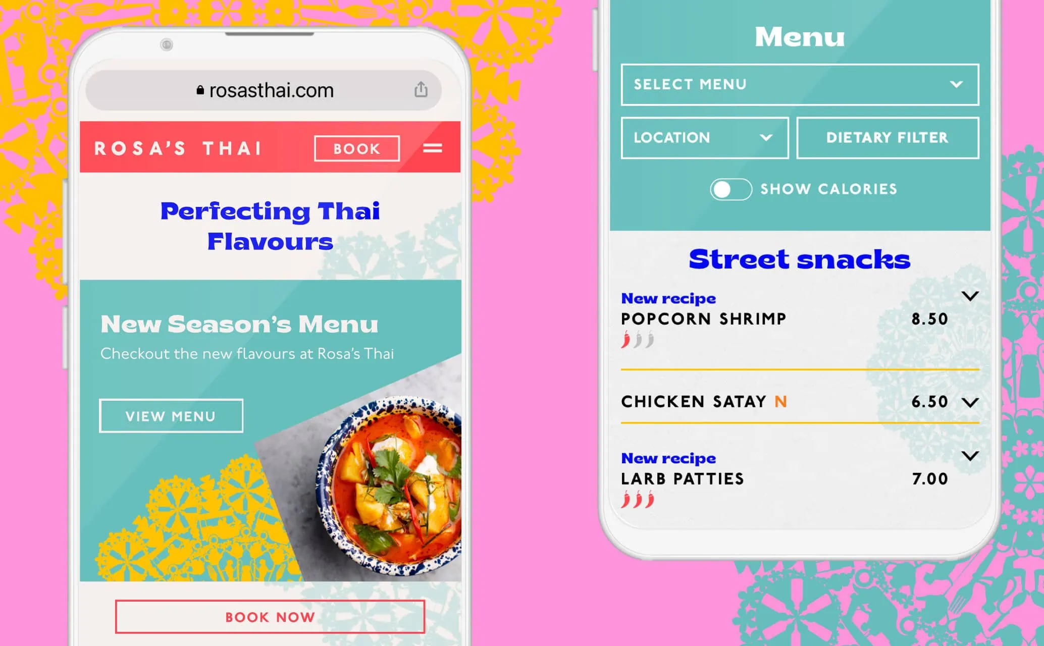 Rosa’s Thai mobile website and menu filters