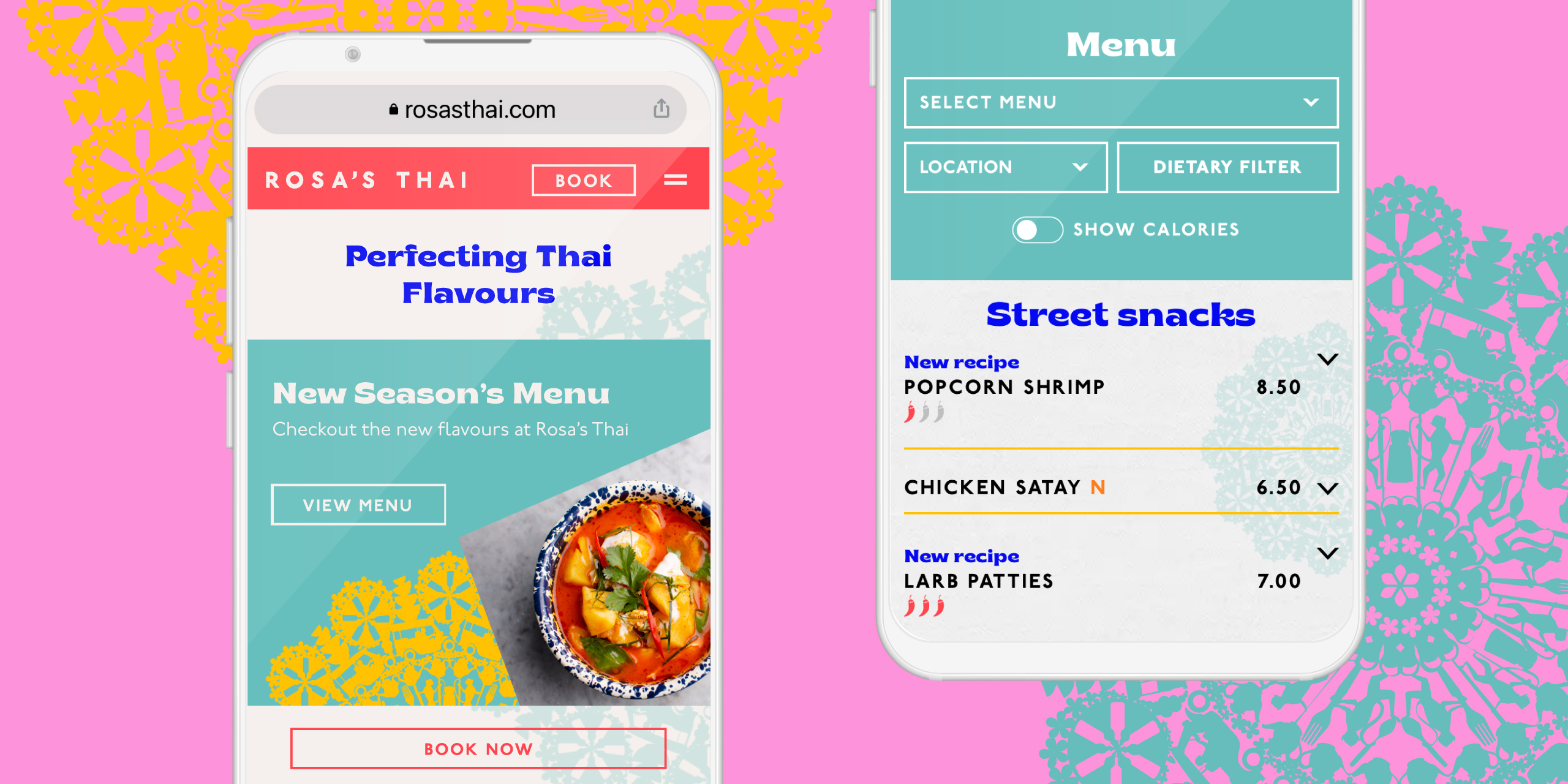 Rosa’s Thai mobile website and menu filters