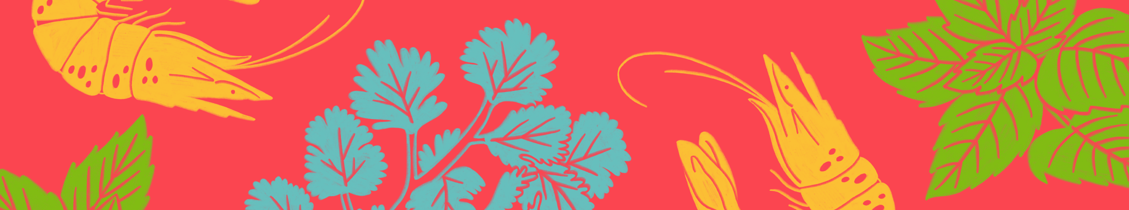 Thai-inspired illustration banner with herbs and prawn