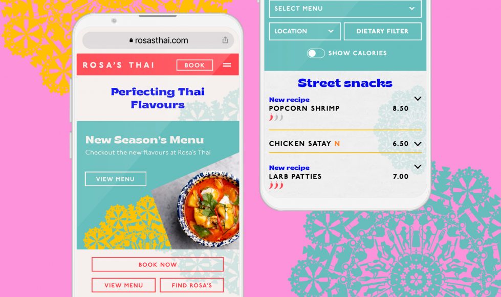 Rosa's Thai restaurant website design shown on mobile phones