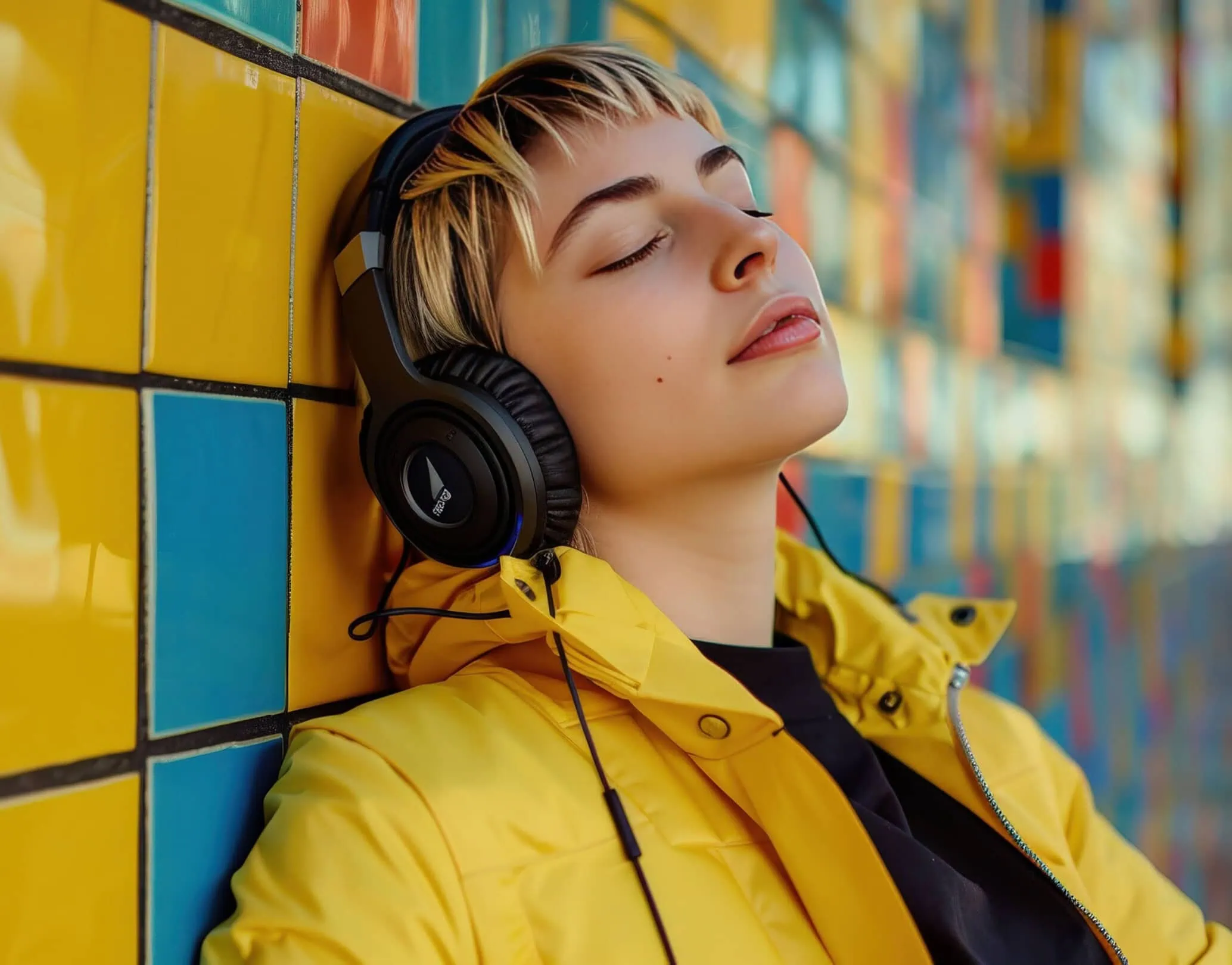 Woman wearing a yellow coat leaning against a tiled outdoor wall listening to headphones