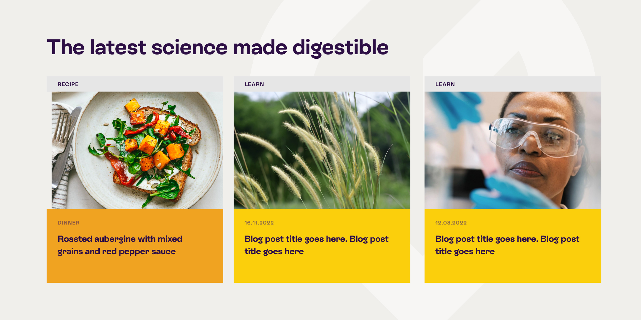 Website section showing recipe and learn content cards in a three-column layout
