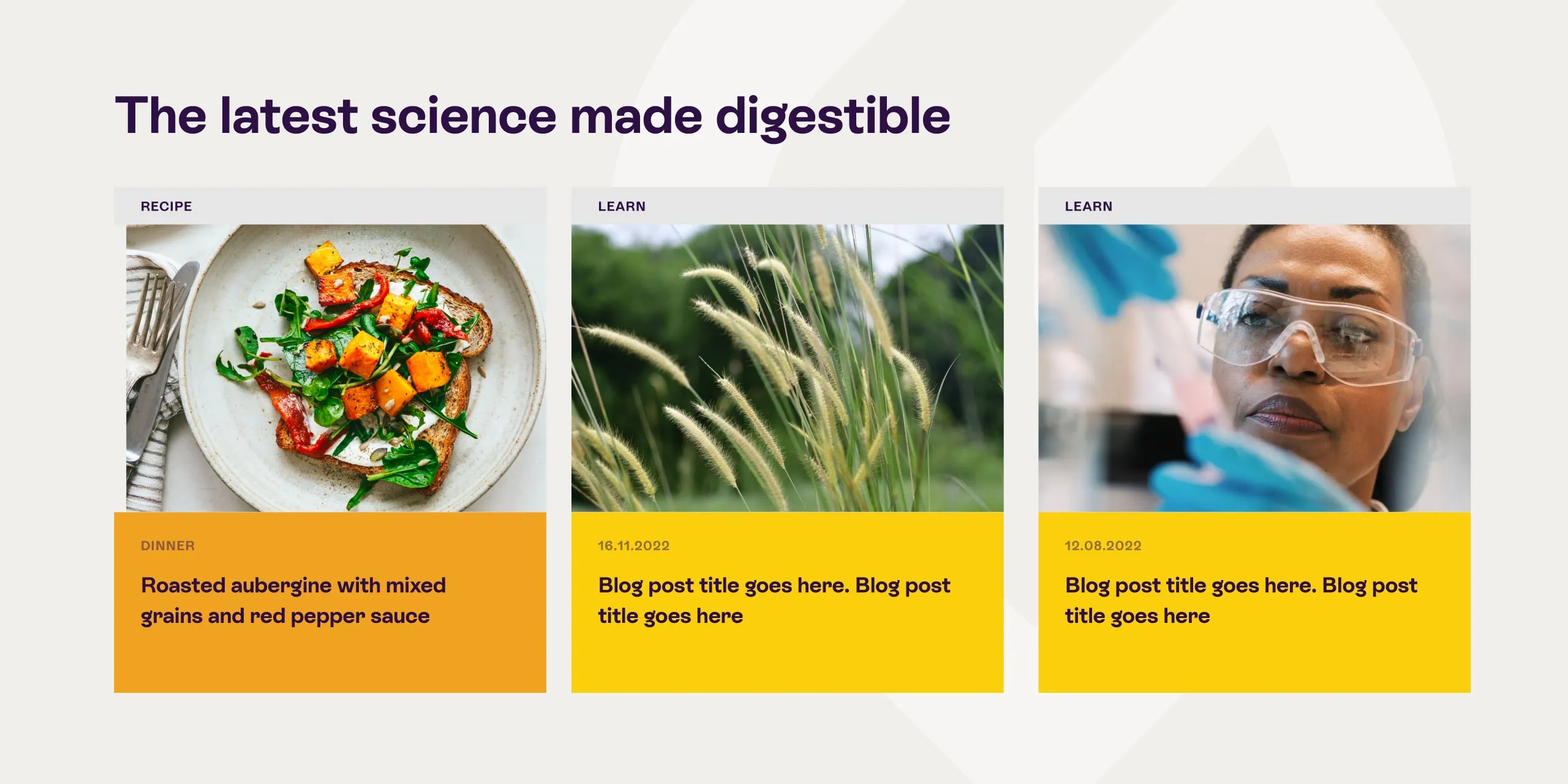 Website section showing recipe and learn content cards in a three-column layout