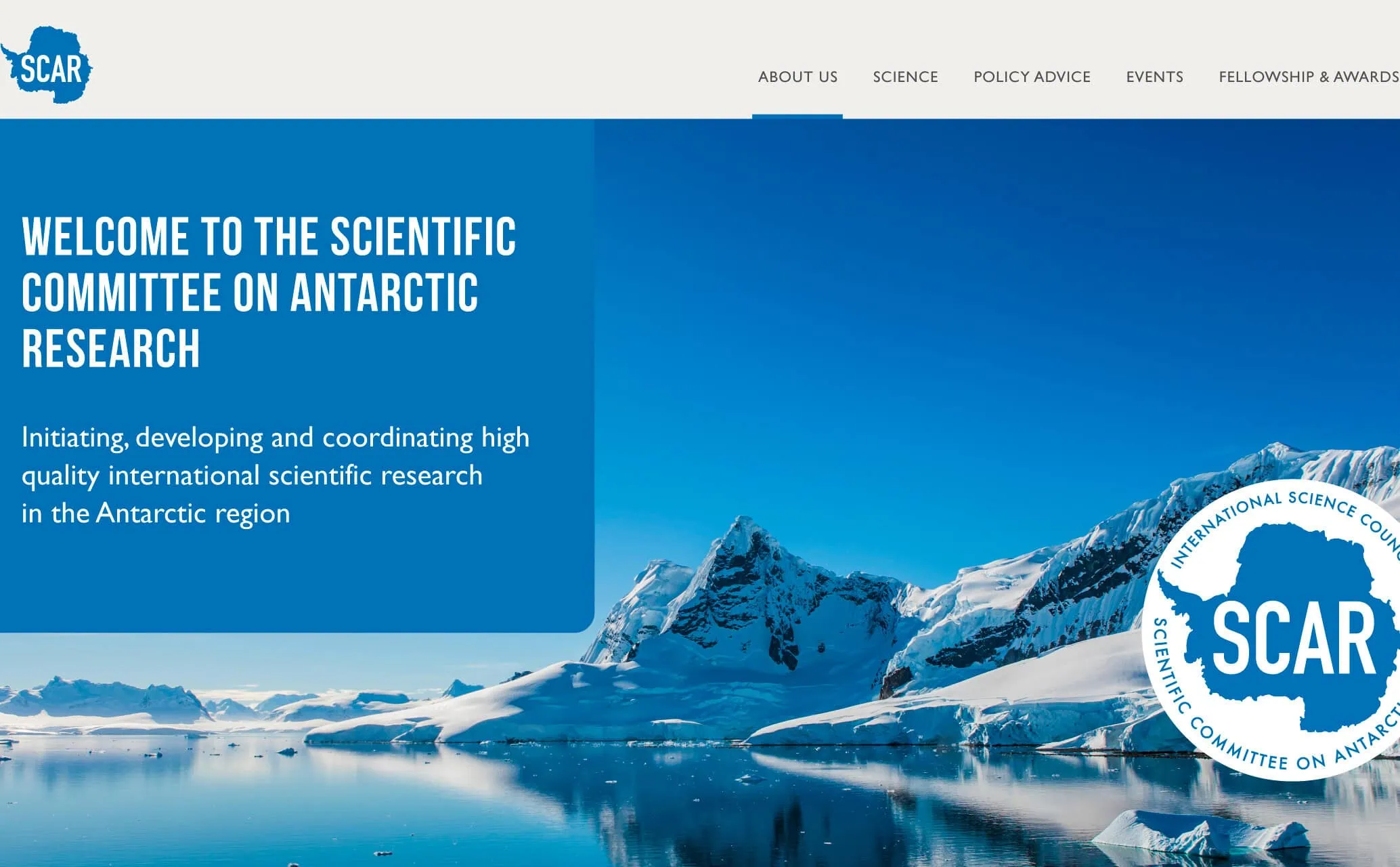 SCAR homepage hero with snowy Antarctic mountains and icebergs, plus “Welcome to the Scientific Committee on Antarctic Research” headline.