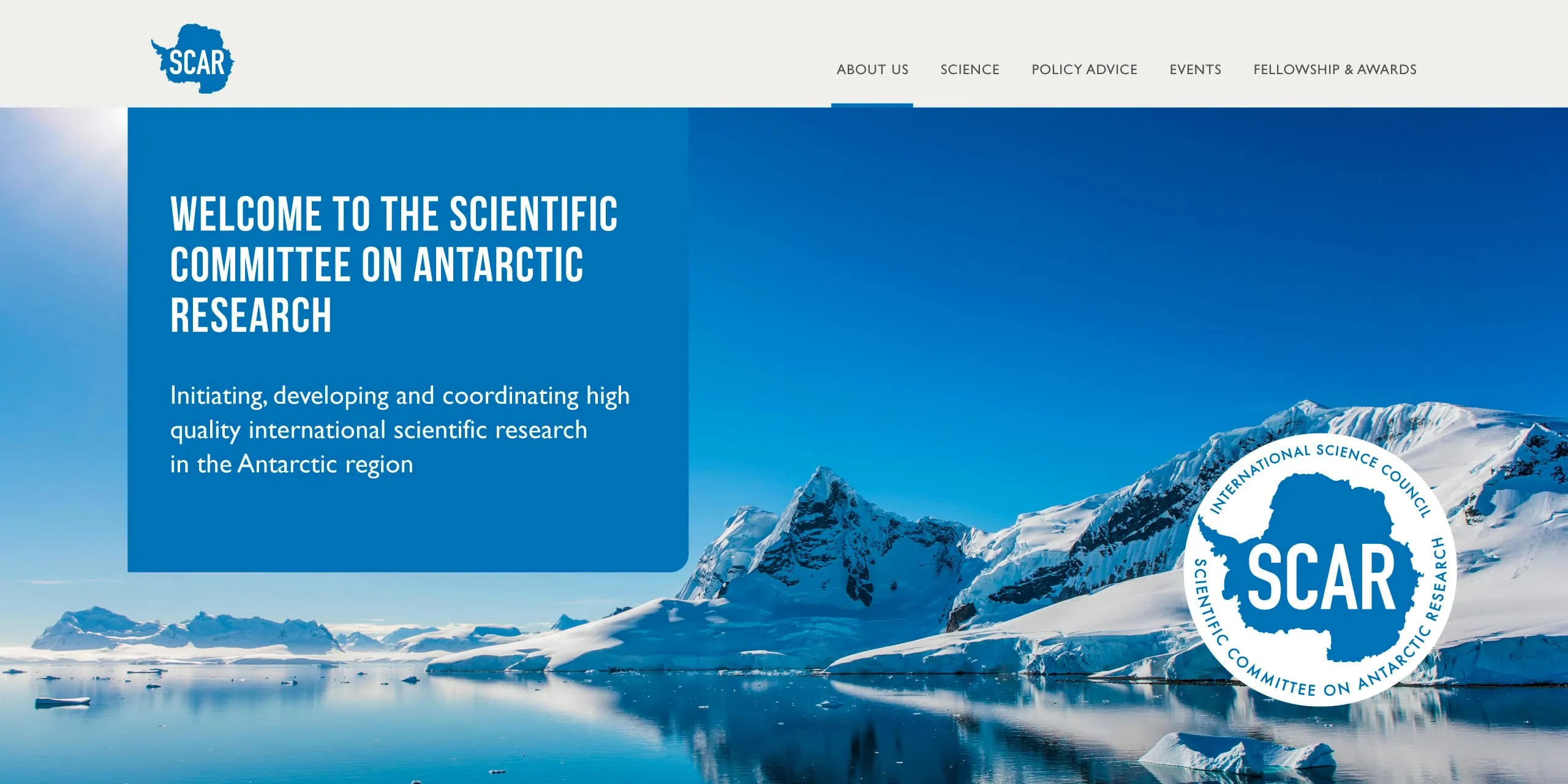 SCAR homepage hero with snowy Antarctic mountains and icebergs, plus “Welcome to the Scientific Committee on Antarctic Research” headline.