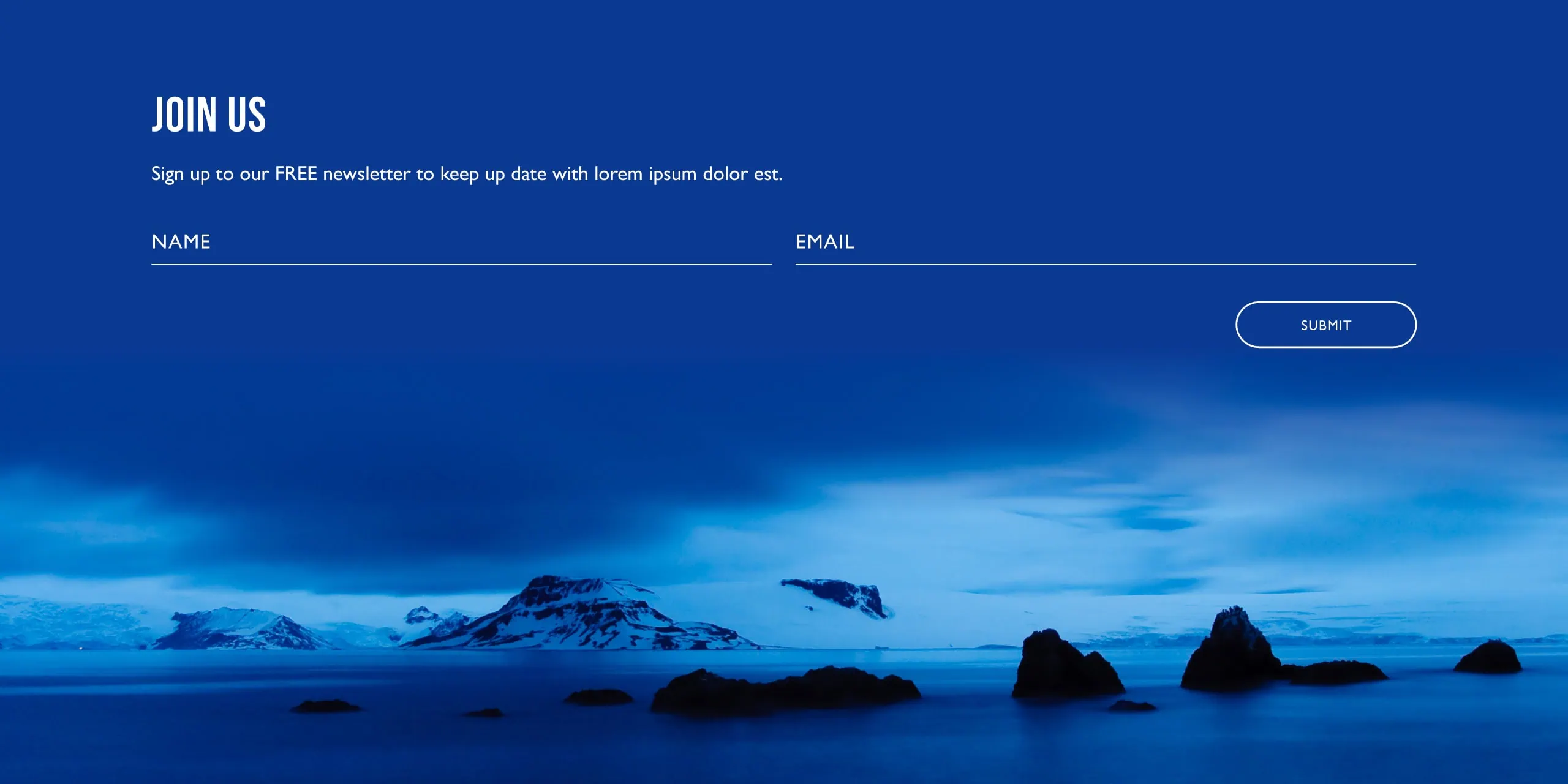 Newsletter sign-up section titled “Join us” with name and email fields over an Antarctic seascape background.