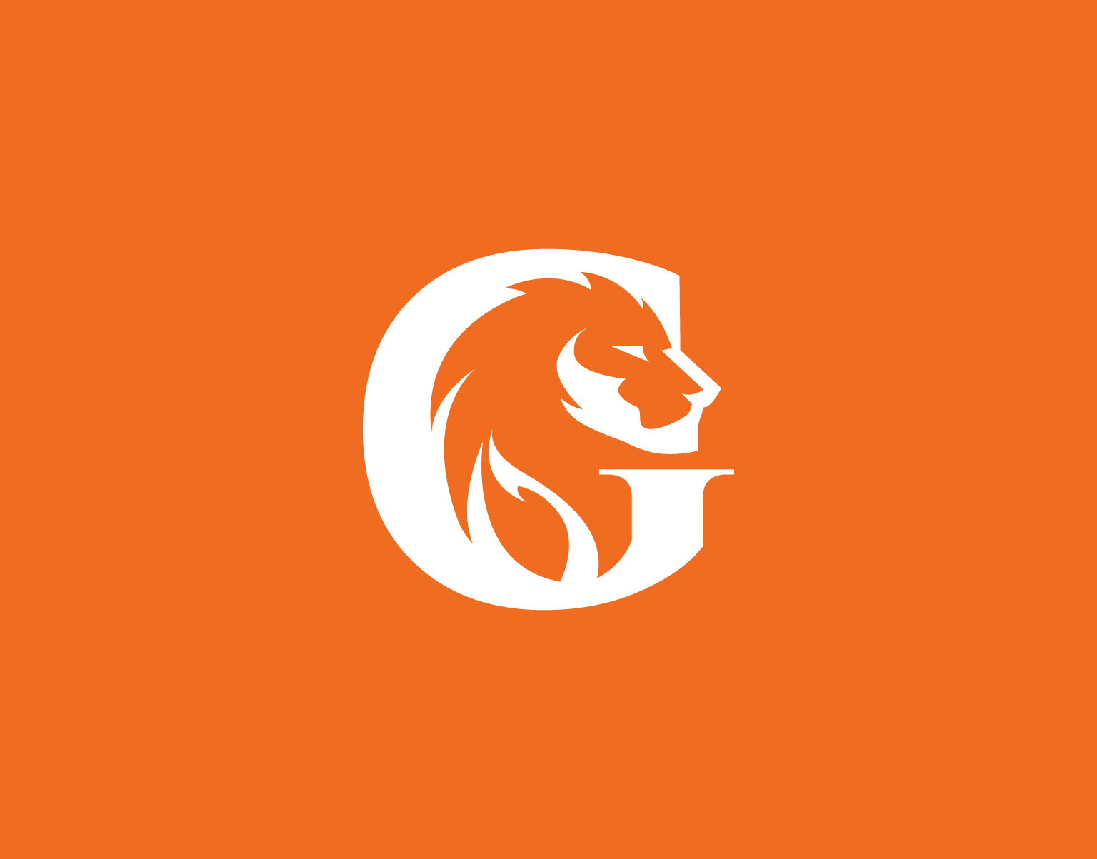 White lion head monogram inside a capital “G” on an orange background.