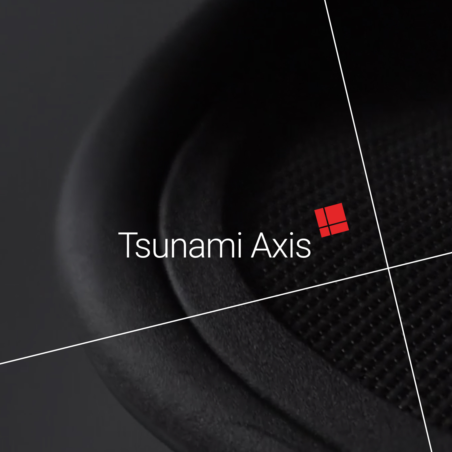 Tsunami Axis wordmark on a dark, textured background with a small red square logo and white diagonal grid lines.