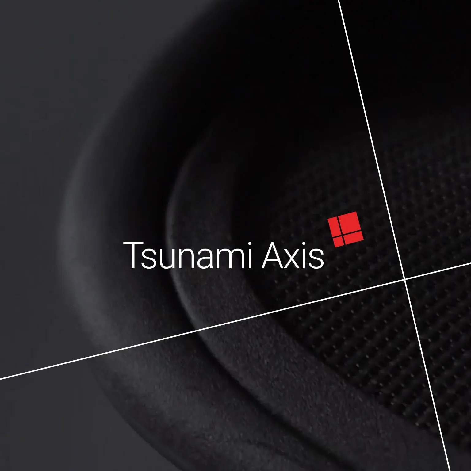 Tsunami Axis wordmark on a dark, textured background with a small red square logo and white diagonal grid lines.