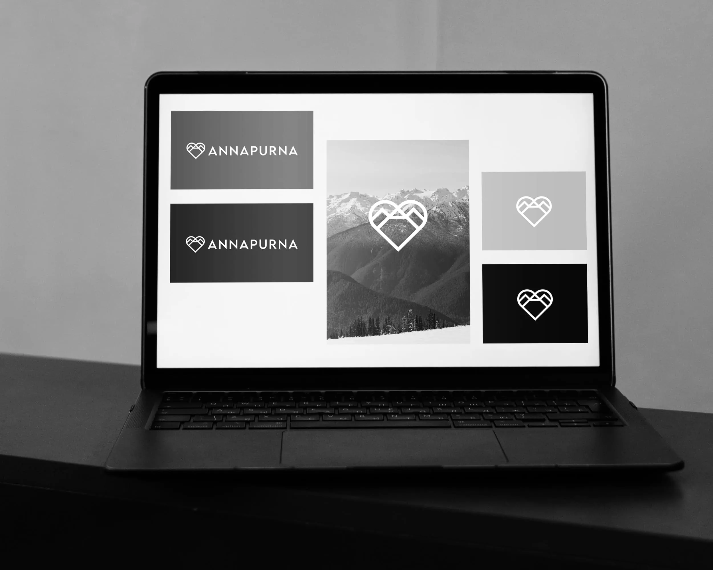 Laptop screen showing Annapurna brand logo variations and a mountain image in a clean layout.