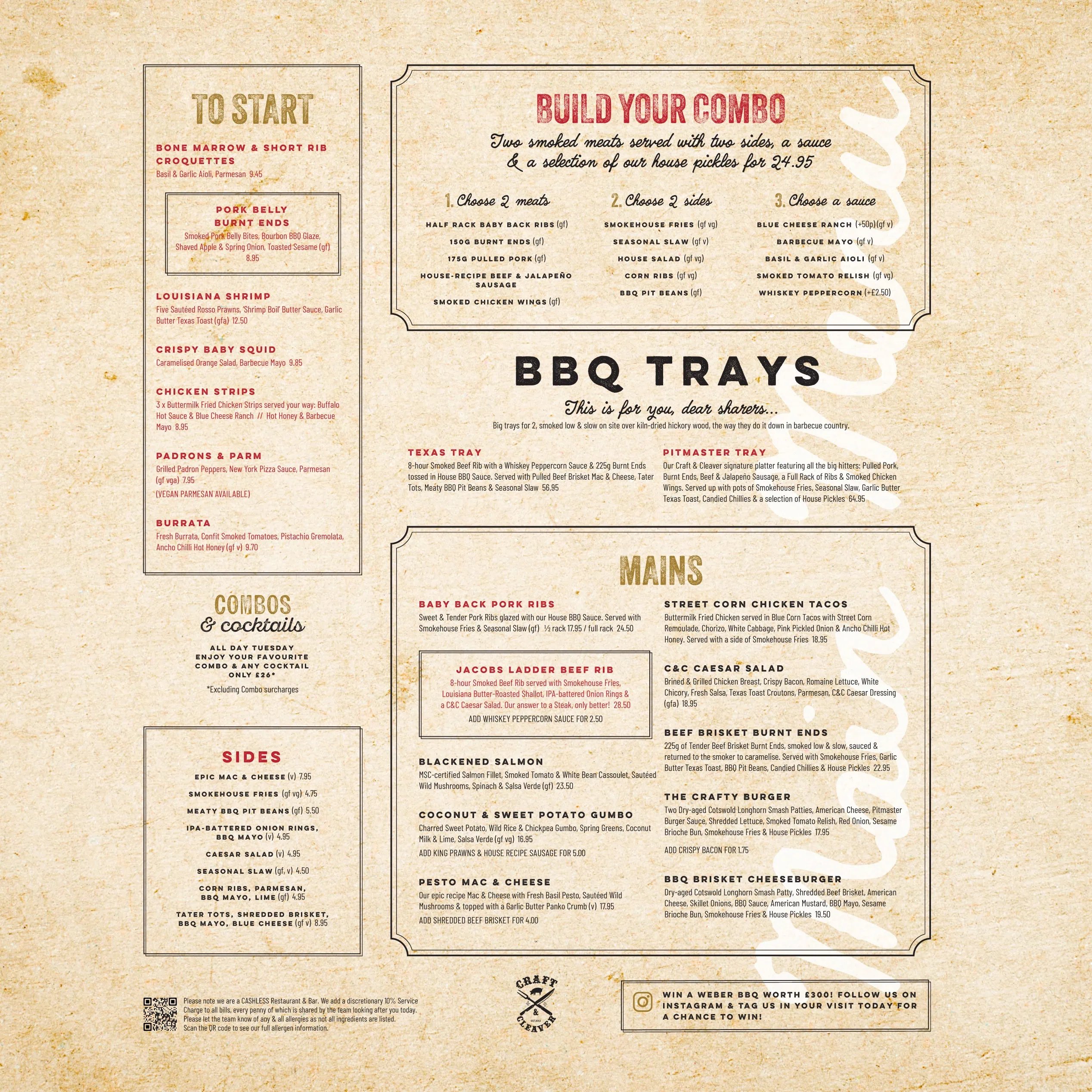 Craft & Cleaver main menu layout showing starters, build your combo, BBQ trays and mains