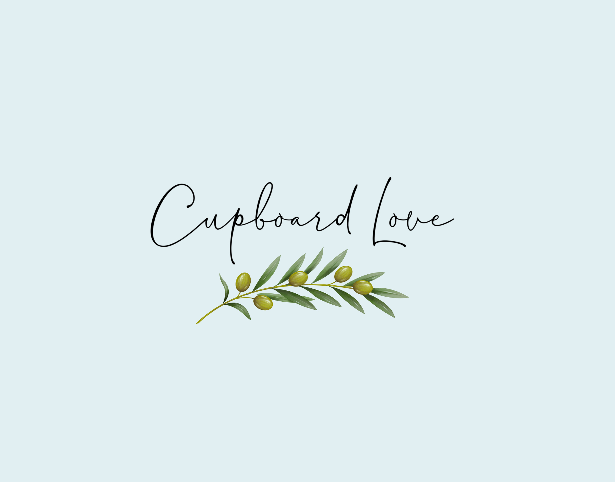 Cupboard Love handwritten logo with an illustrated olive branch on a pale blue background.