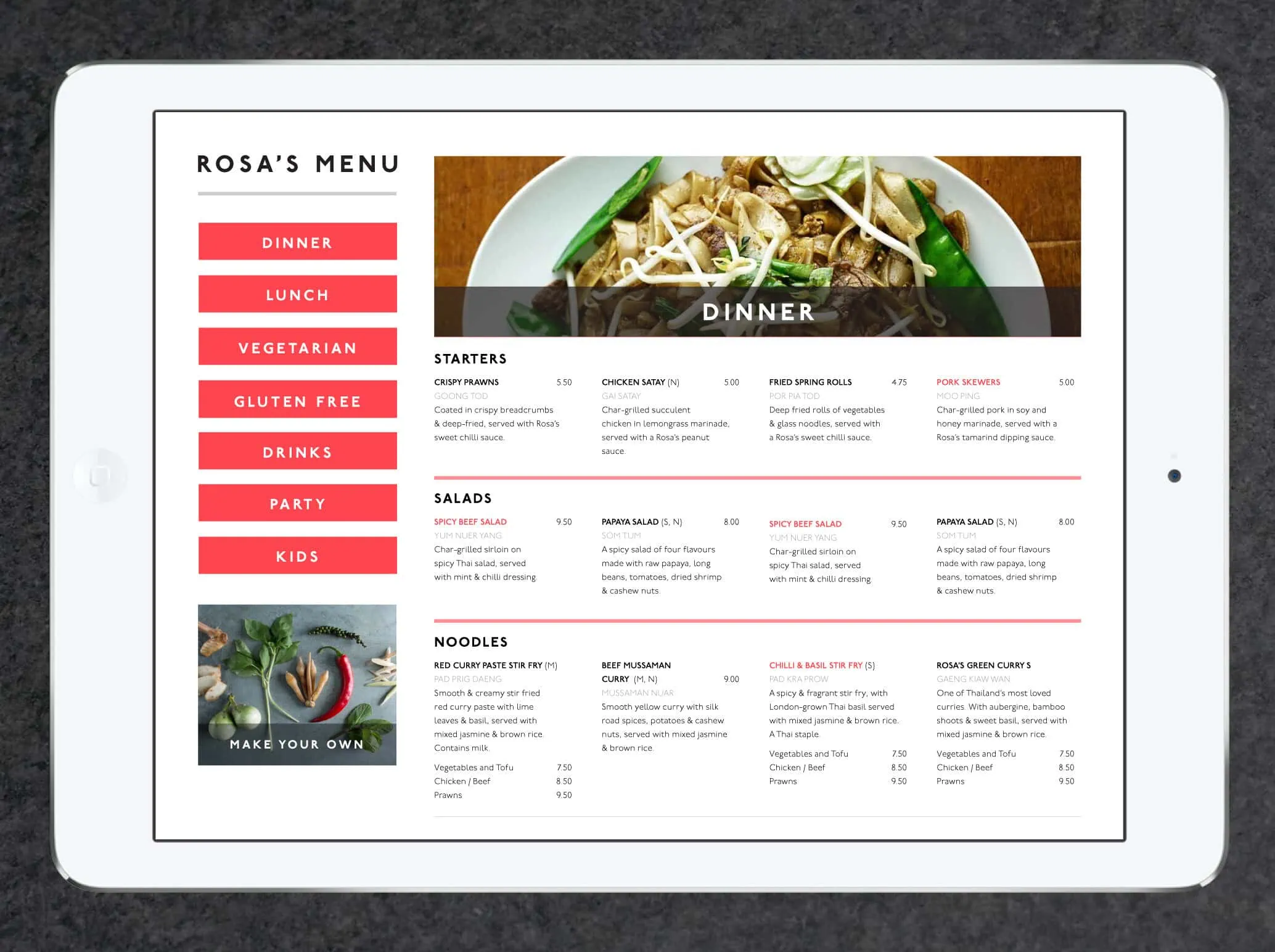 Rosa's website menu page on tablet.