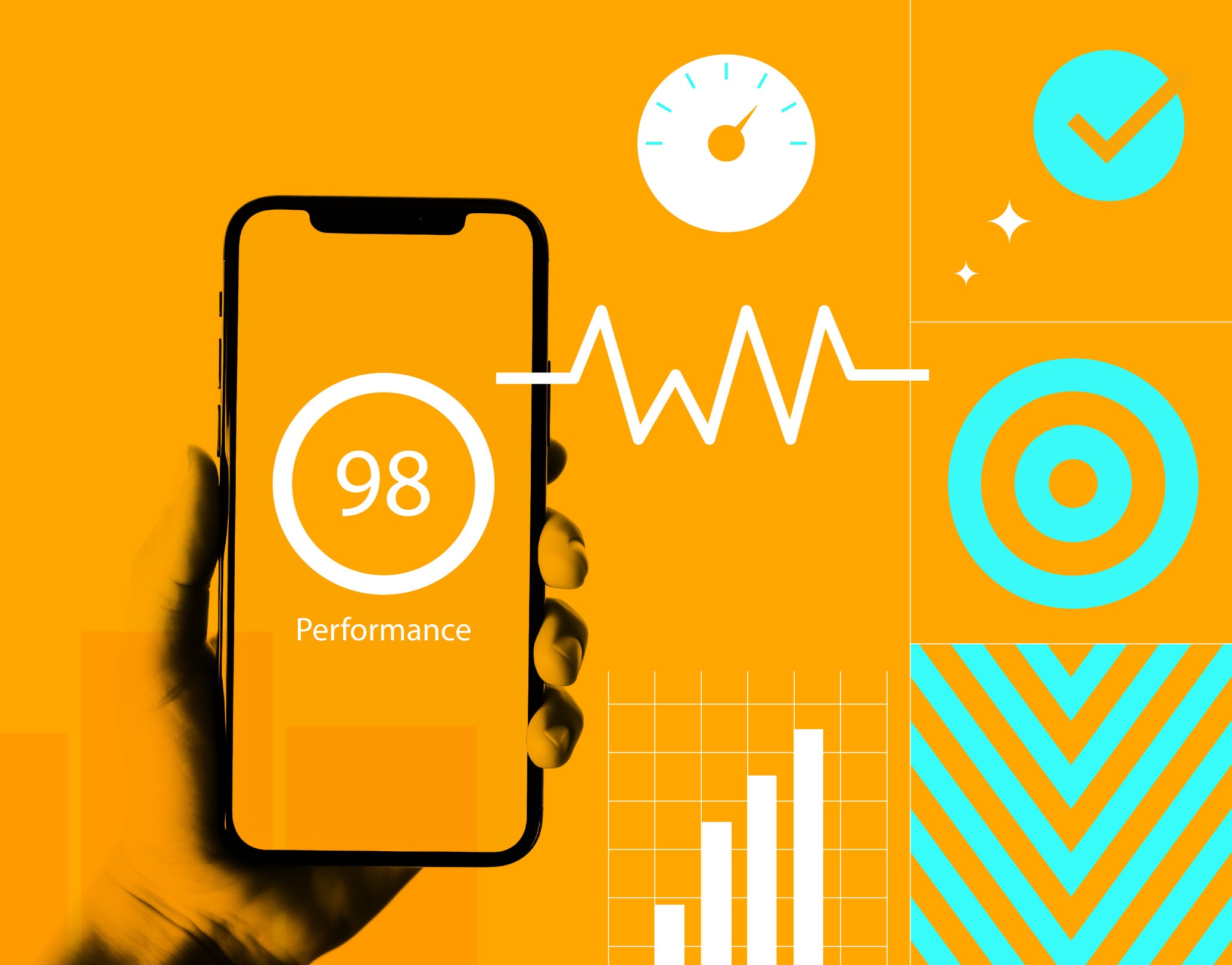 Smartphone showing a performance score of 98, surrounded by web performance and analytics icons on an amber background.
