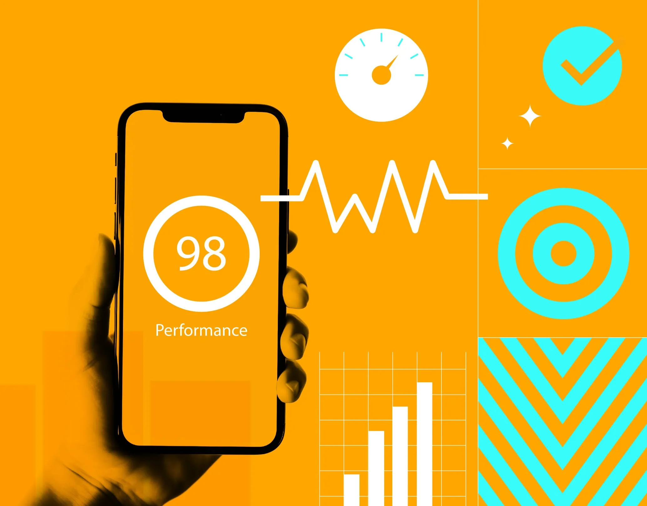 Smartphone showing a performance score of 98, surrounded by web performance and analytics icons on an amber background.