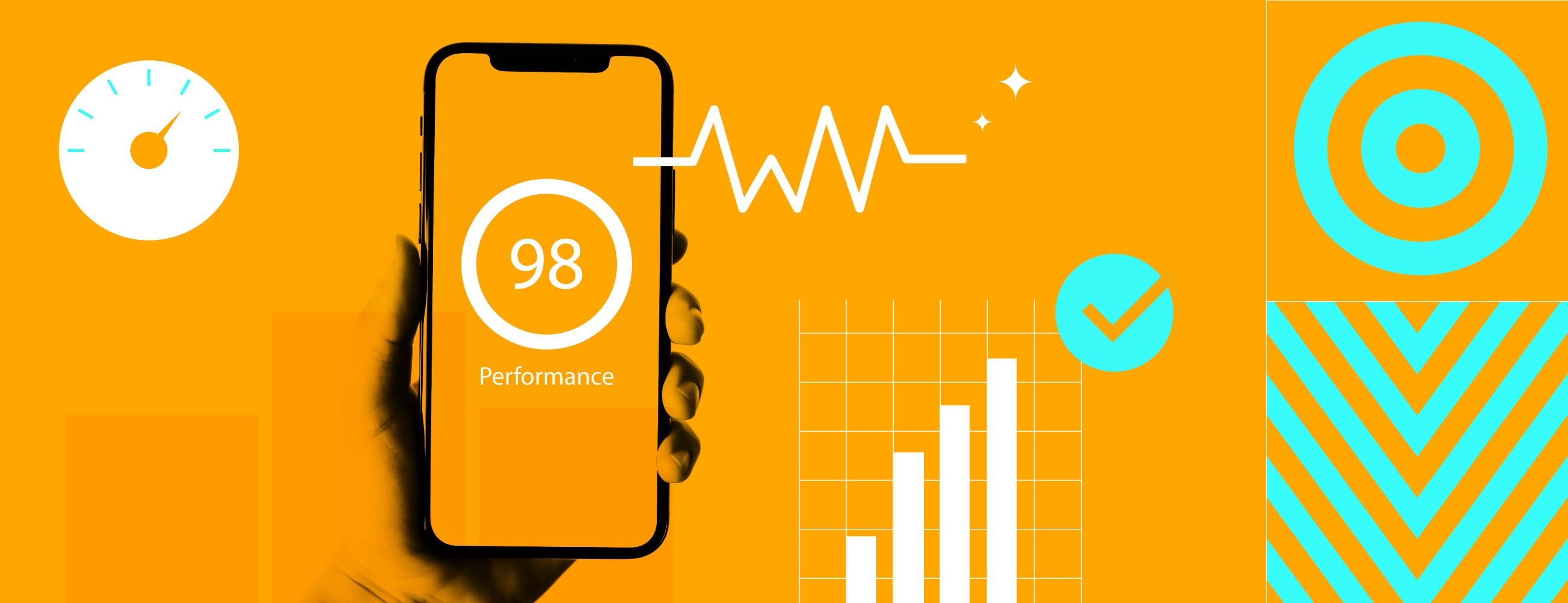 Smartphone showing a performance score of 98, surrounded by web performance and analytics icons on an amber background.