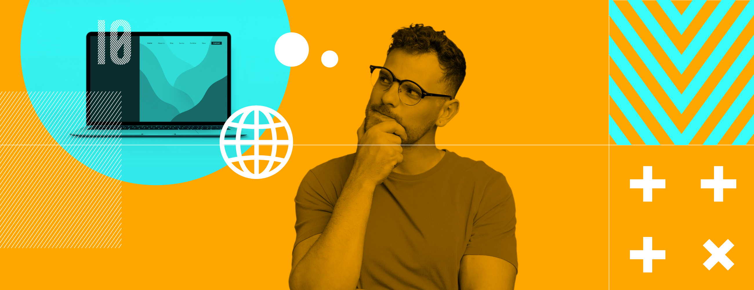 A man wearing glasses with his hand on his chin in a thinking pose, set against a bright orange and cyan graphic background featuring a laptop mockup, a globe icon, geometric chevron patterns and plus signs.