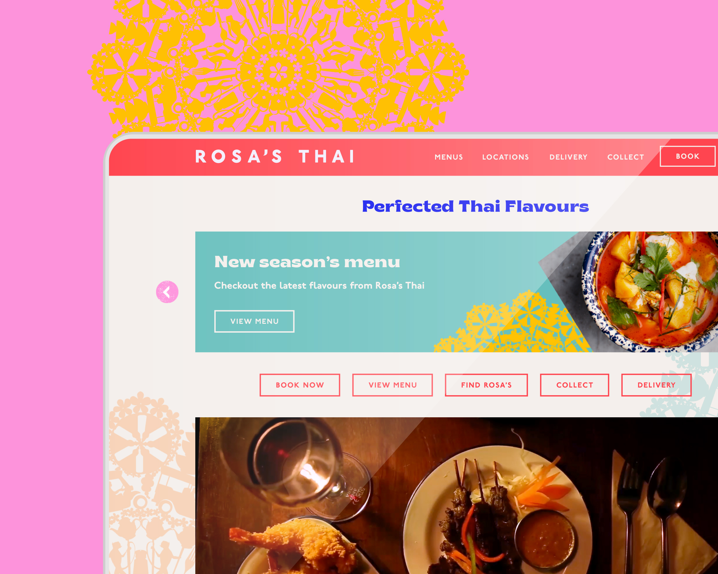 Screenshot of Rosa's Thai restaurant website displayed on a browser, set against a bright pink background with yellow decorative floral patterns. The site features a coral-red navigation bar with links to Menus, Locations, Delivery, Collect, and Book. The hero section shows a teal banner promoting the new season's menu alongside a photo of Thai curry, with quick-action buttons for Book Now, View Menu, Find Rosa's, Collect, and Delivery below.