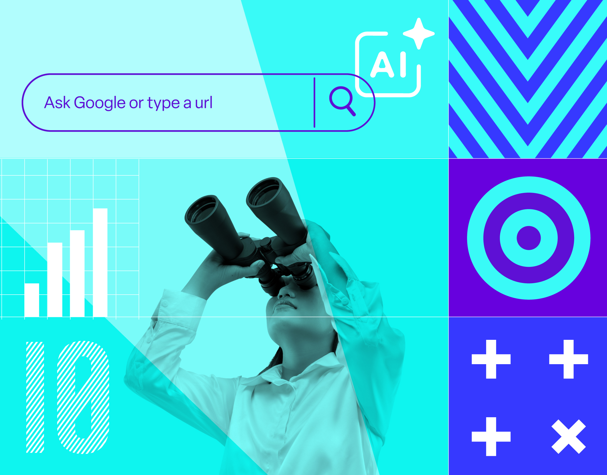Collage graphic featuring a woman looking through binoculars, an AI search bar, bar chart, Union 10 Design hatched '10' logo element, and a target icon, in cyan, purple and white brand colours"