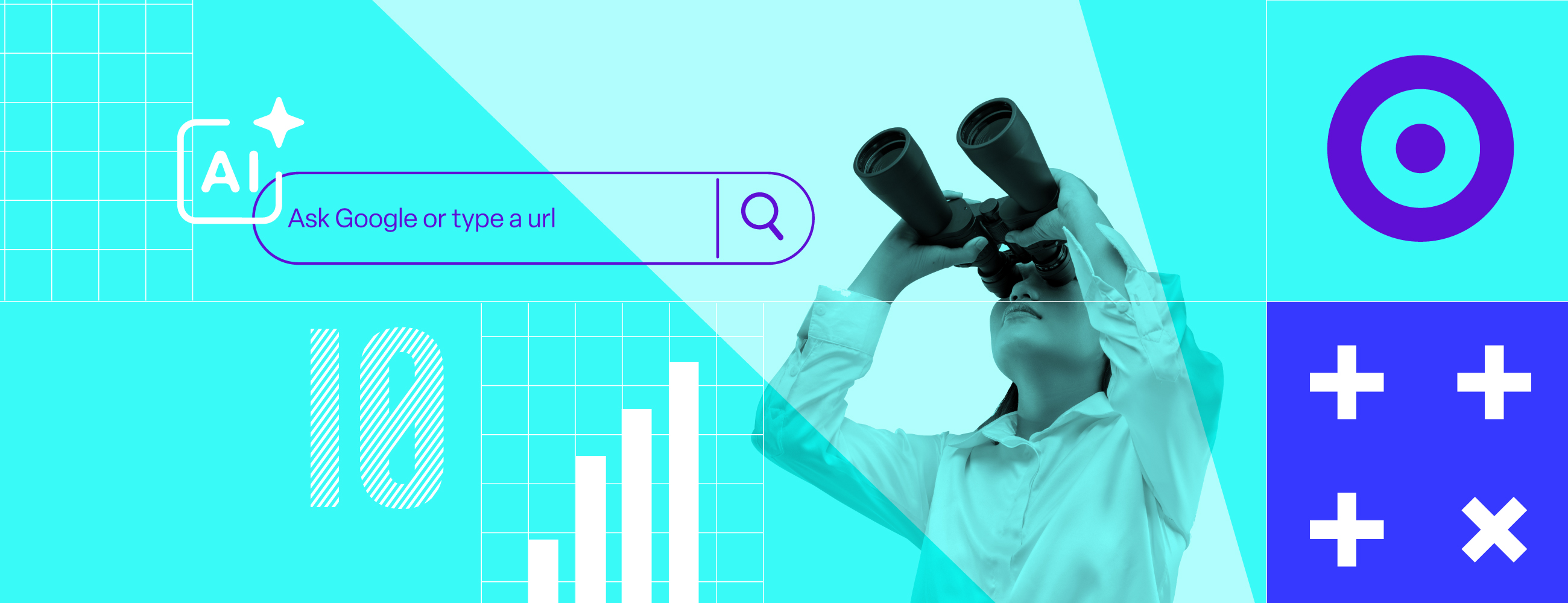 Collage graphic featuring a woman looking through binoculars, an AI search bar, bar chart, Union 10 Design hatched '10' logo element, and a target icon, in cyan, purple and white brand colours"